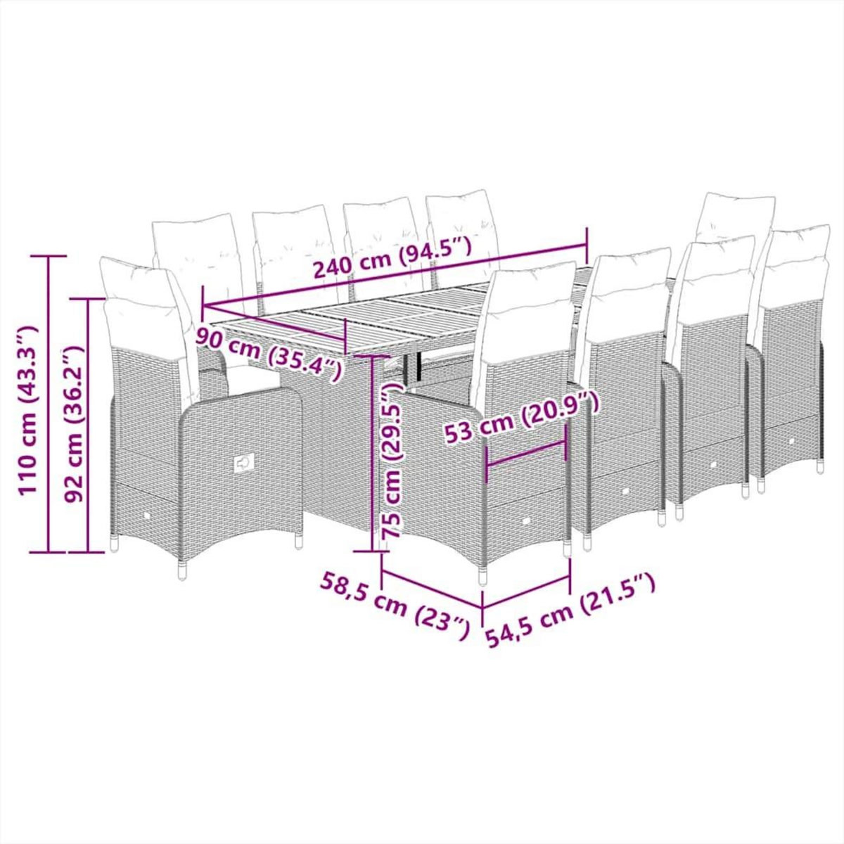 VIDAXL Ensemble de bistro de jardin 11 pcs coussins noir poly rotin