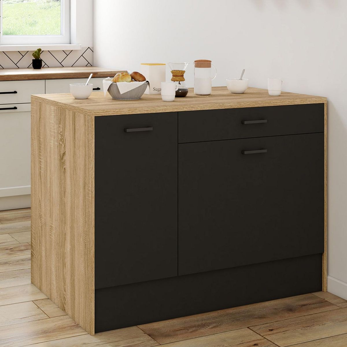 ID MARKET Ilot central LIO 120 cm maxi capacité de rangement bois et noir