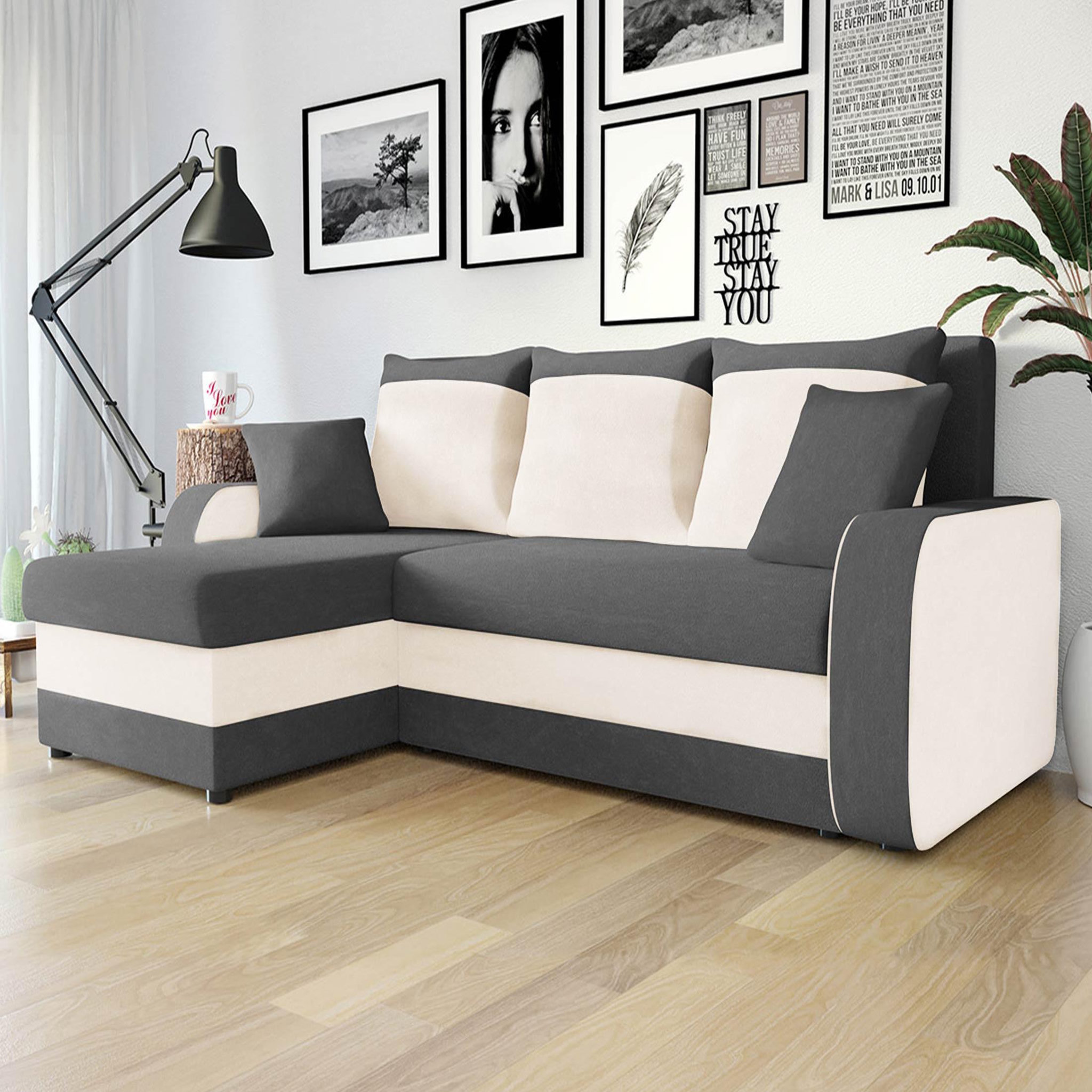 BEST MOBILIER Valos - canapé d'angle réversible - 4 places - convertible avec coffre - en velours. Coloris disponibles : Gris, Bicolore