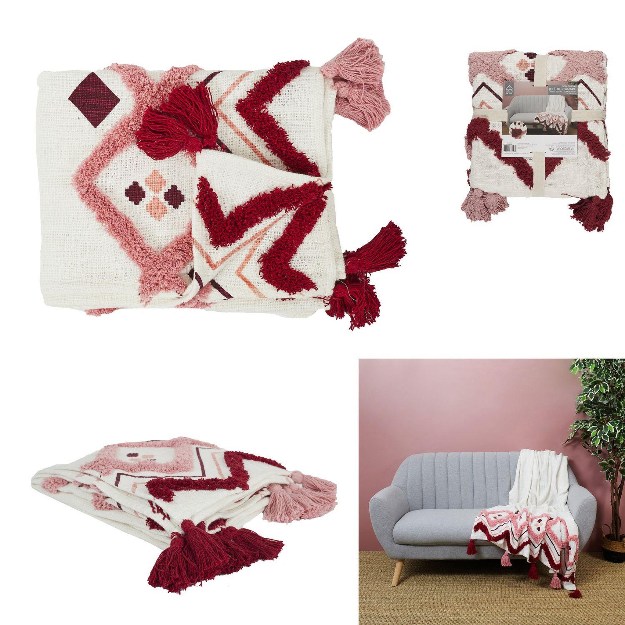 Voir la diapositive 4 : TOILINUX Jeté de canapé ethnique avec pompons - 130 x 170 cm - blanc et rose