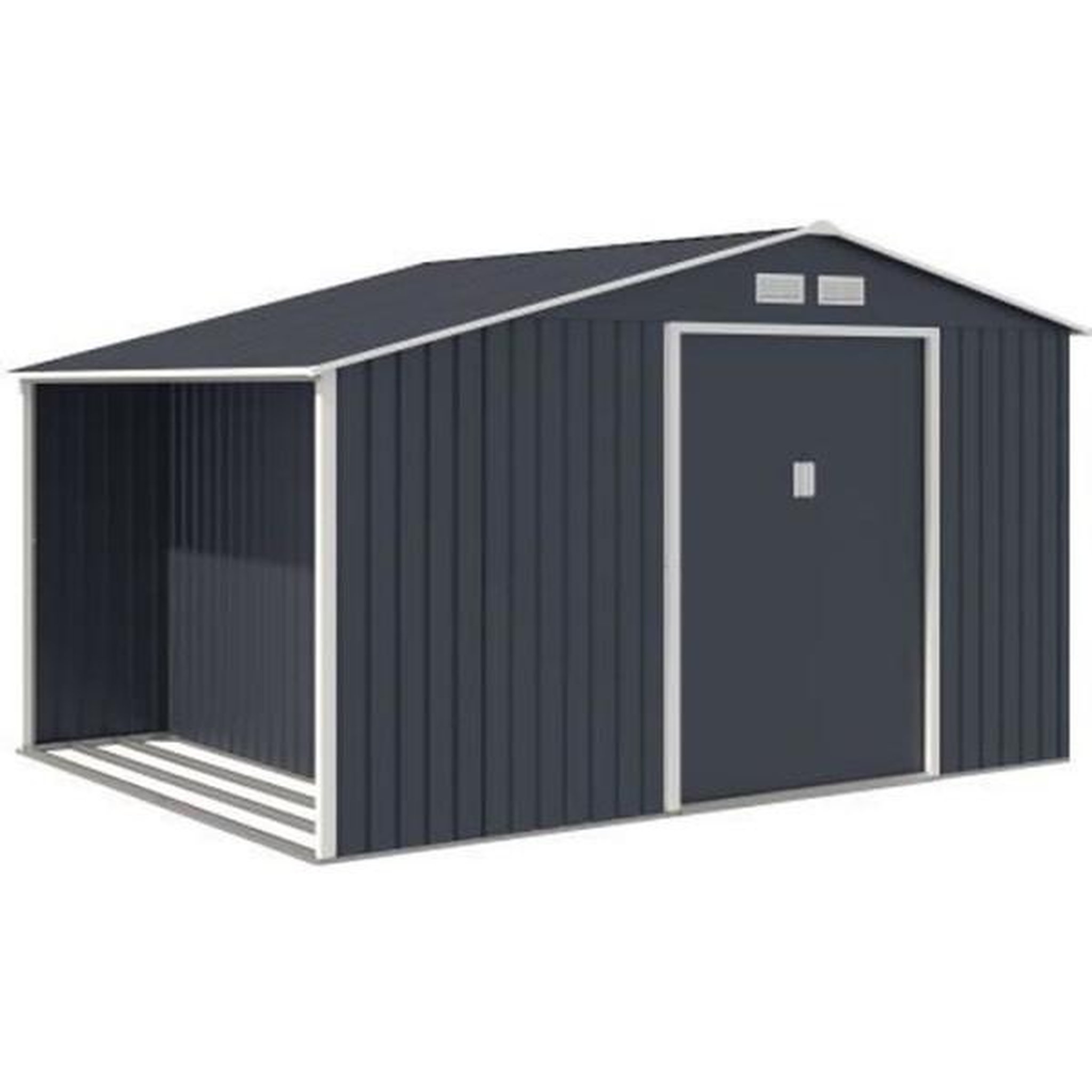 Voir la diapositive 1 : MARKET24 NOVA Abri de jardin en métal et abri bûches 8,72 m² - 342 x 255 x 202 - Kit d'ancrage inclus, 2 portes coulissantes - Gris