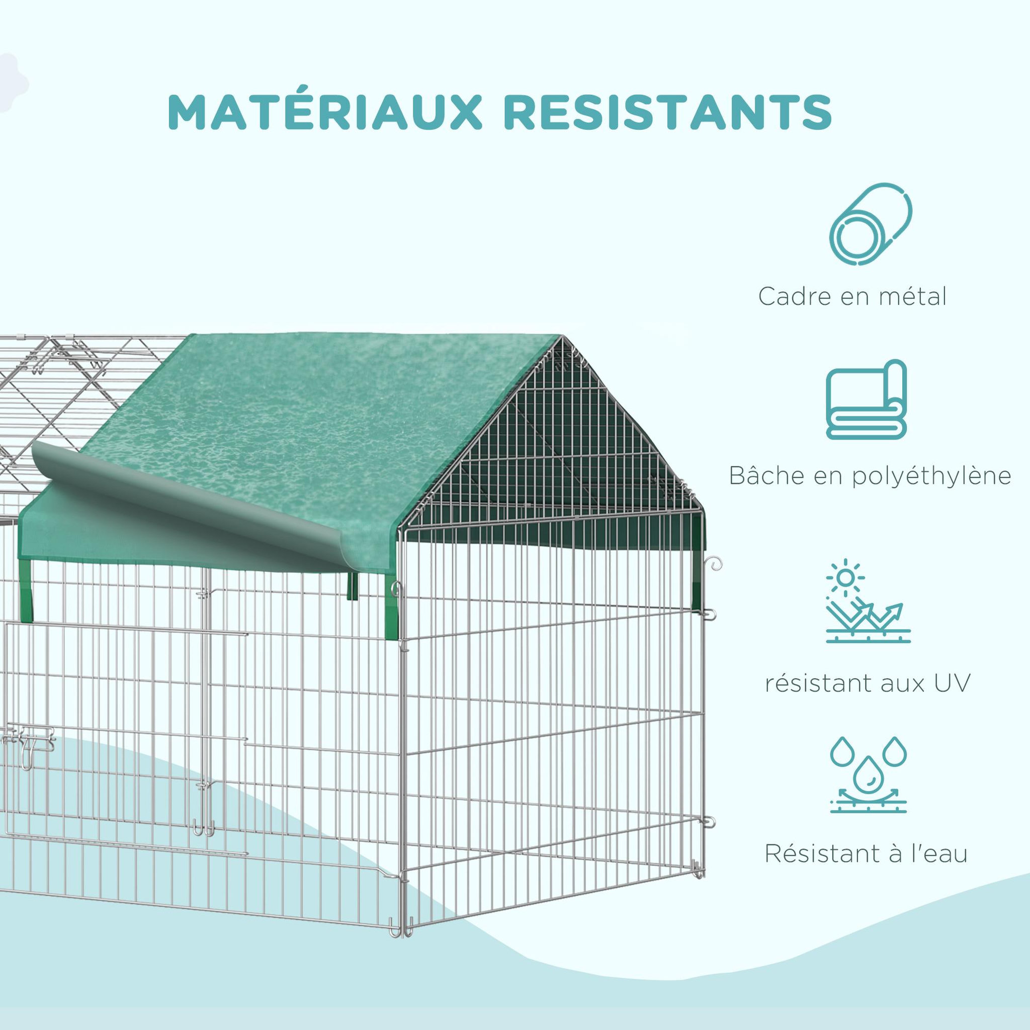 Voir la diapositive 4 : PAWHUT Pawhut parc enclos métal époxy cage extérieure dim. 2,20l x 1,03l x 1,03h m 3 portes et trappe surface abrité pe vert