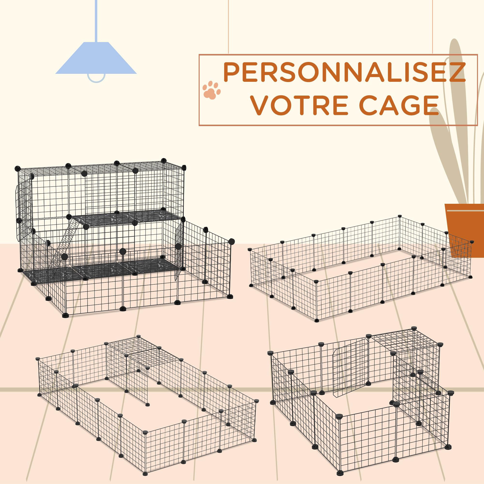 Voir la diapositive 4 : PAWHUT Cage parc enclos rongeurs modulable dim. L 105 x l 105 x h 70 cm 2 niveaux 2 portes rampe résine pp fil métallique noir