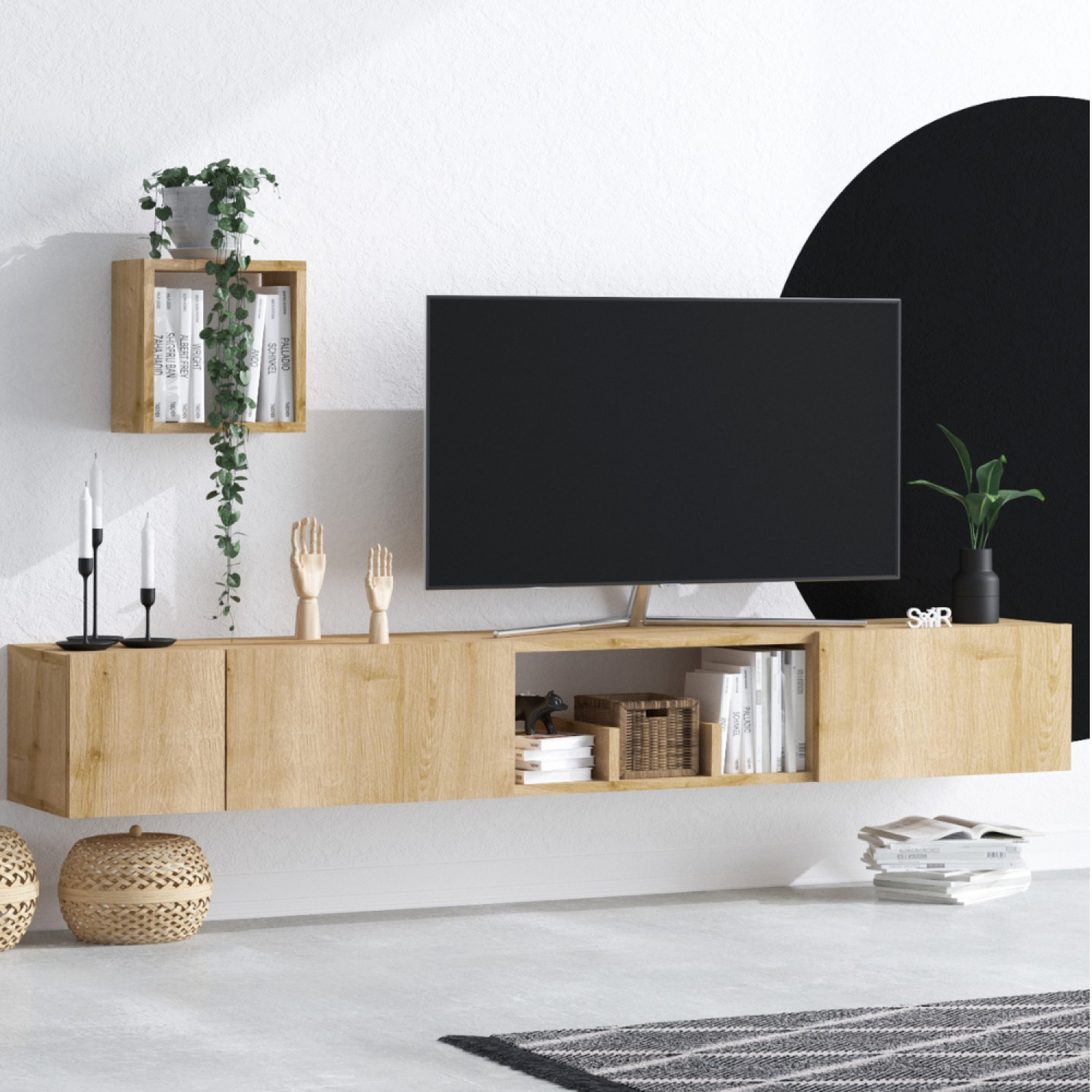 Voir la diapositive 2 : CONCEPT USINE Meuble tv avec rangements imitation bois clair bergen