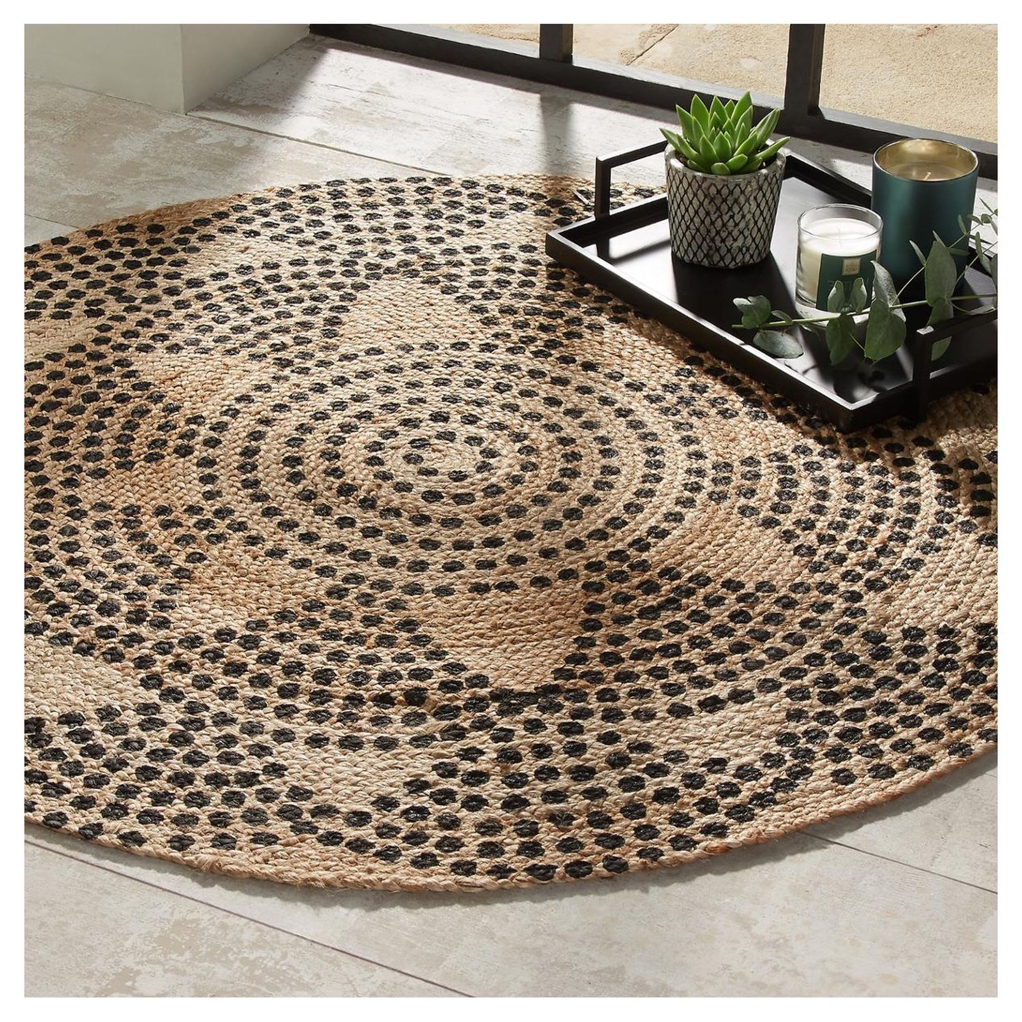 Voir la diapositive 1 : ATMOSPHERA Tapis déco rond en jute imprimé motifs rosace pois diamètre 120 cm