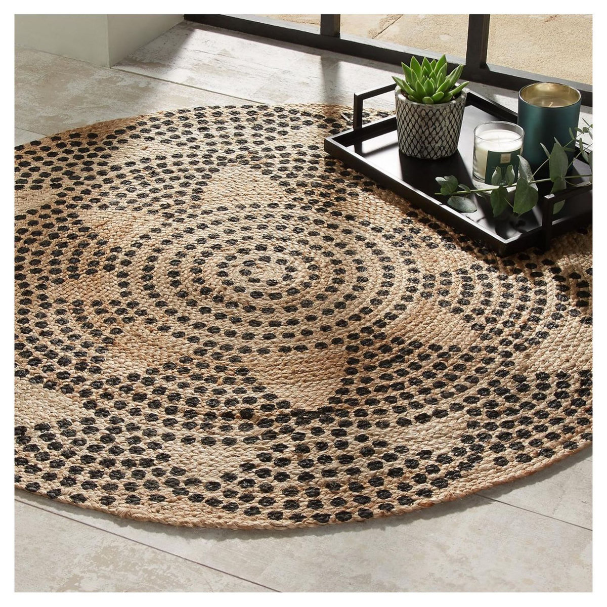 ATMOSPHERA Tapis déco rond en jute imprimé motifs rosace pois diamètre 120 cm