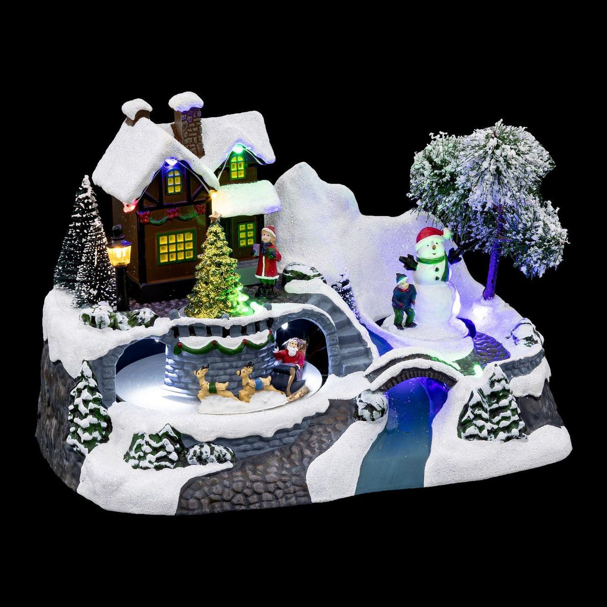 FEERIC LIGHT & CHRISTMAS Village de Noel enneigé avec le Père Noel - Hauteur 23,8 cm - Marron, blanc et bleu
