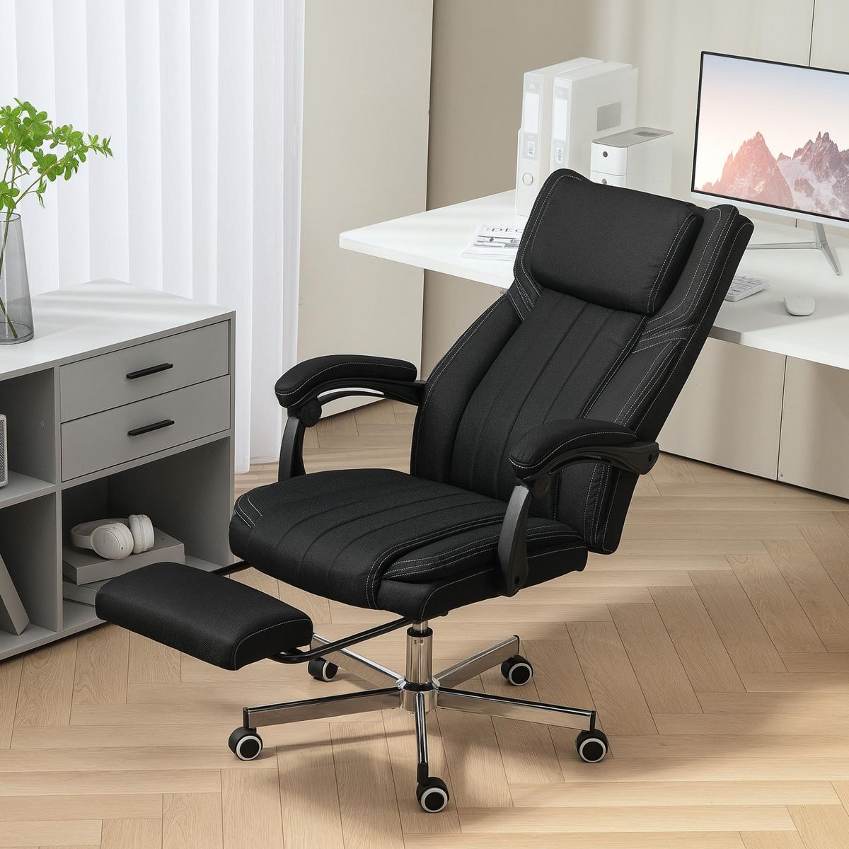 VINSETTO Fauteuil de bureau manager grand confort repose-pied dossier inclinable accoudoirs tétière rembourrés tissu noir