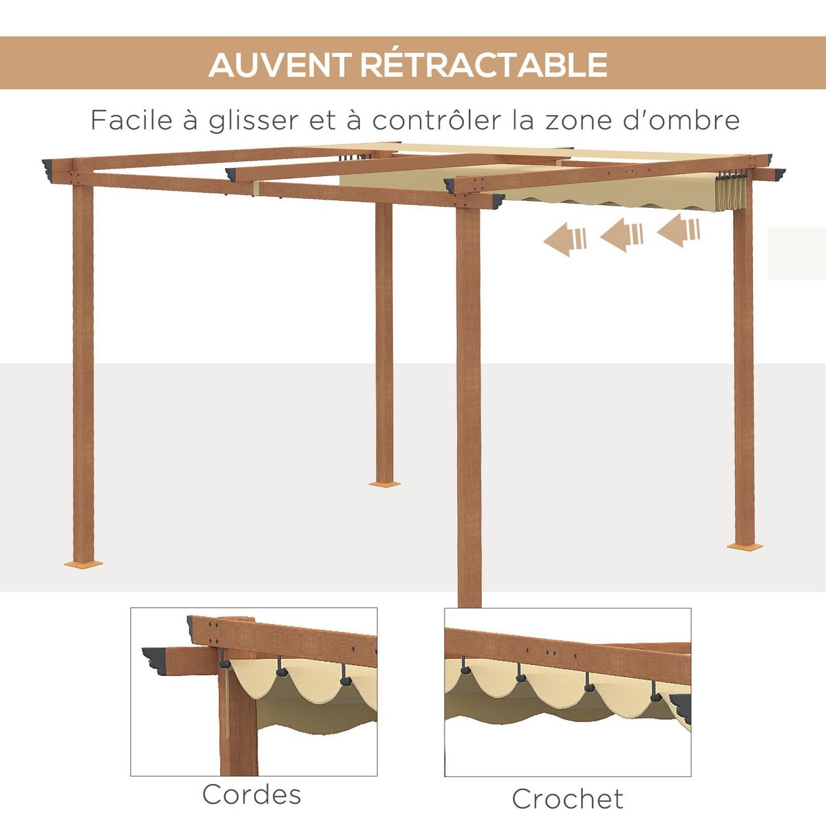 OUTSUNNY Pergola rétractable 3L x 3l x 2,25H m structure alu. aspect bois toile polyester haute densité beige