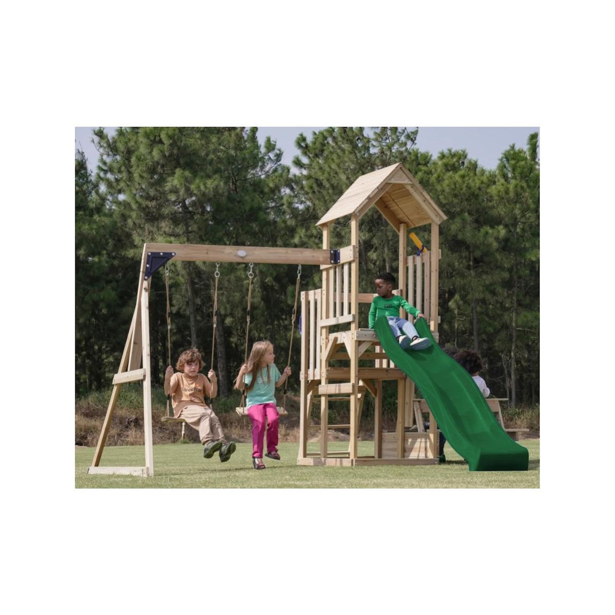 Axi House Portique Mette 2 balançoires + table toboggan vert