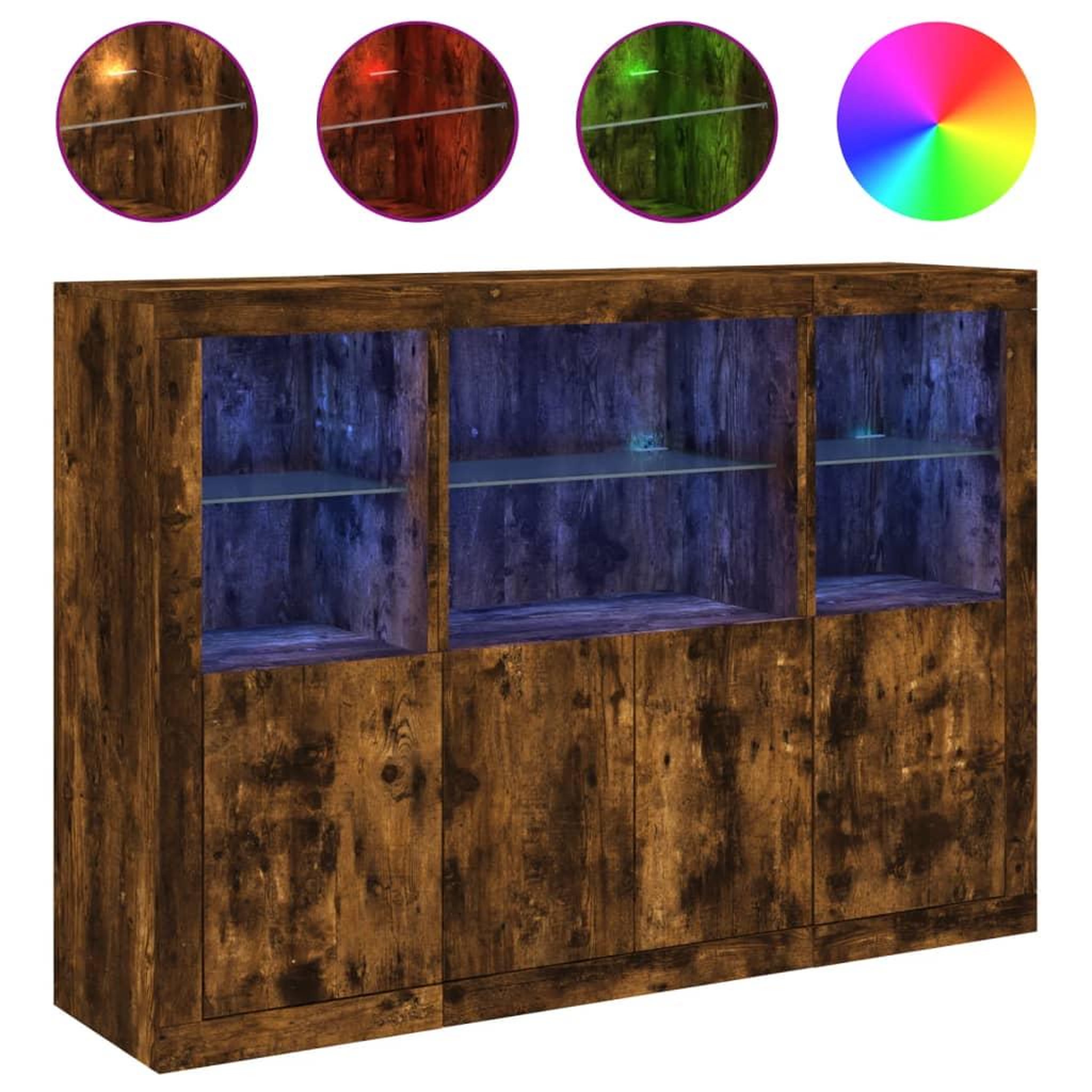 Voir la diapositive 2 : VIDAXL Buffets avec lumieres LED 3 pcs chene fume bois d'ingenierie