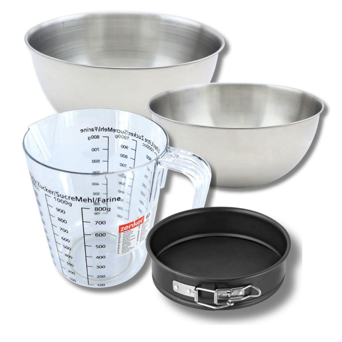 ZENKER Set pâtisserie avec mini moule à manqué 16 cm, 2 bols à mixer, verre mesureur et spatule Zenker