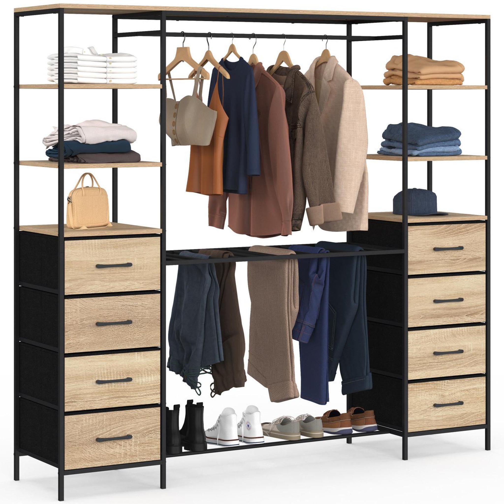 ID MARKET Dressing double xxl utah 180 cm avec porte pantalons, étagères, bacs en tissu et porte chaussures bois et noir
