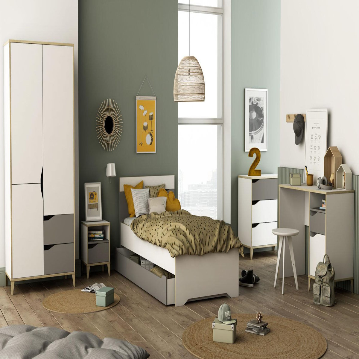 Demeyere Table de chevet 1 tiroir - GENIUS - Blanc et Gris - 36,8 x 43,8 x 33 cm - DEMEYERE