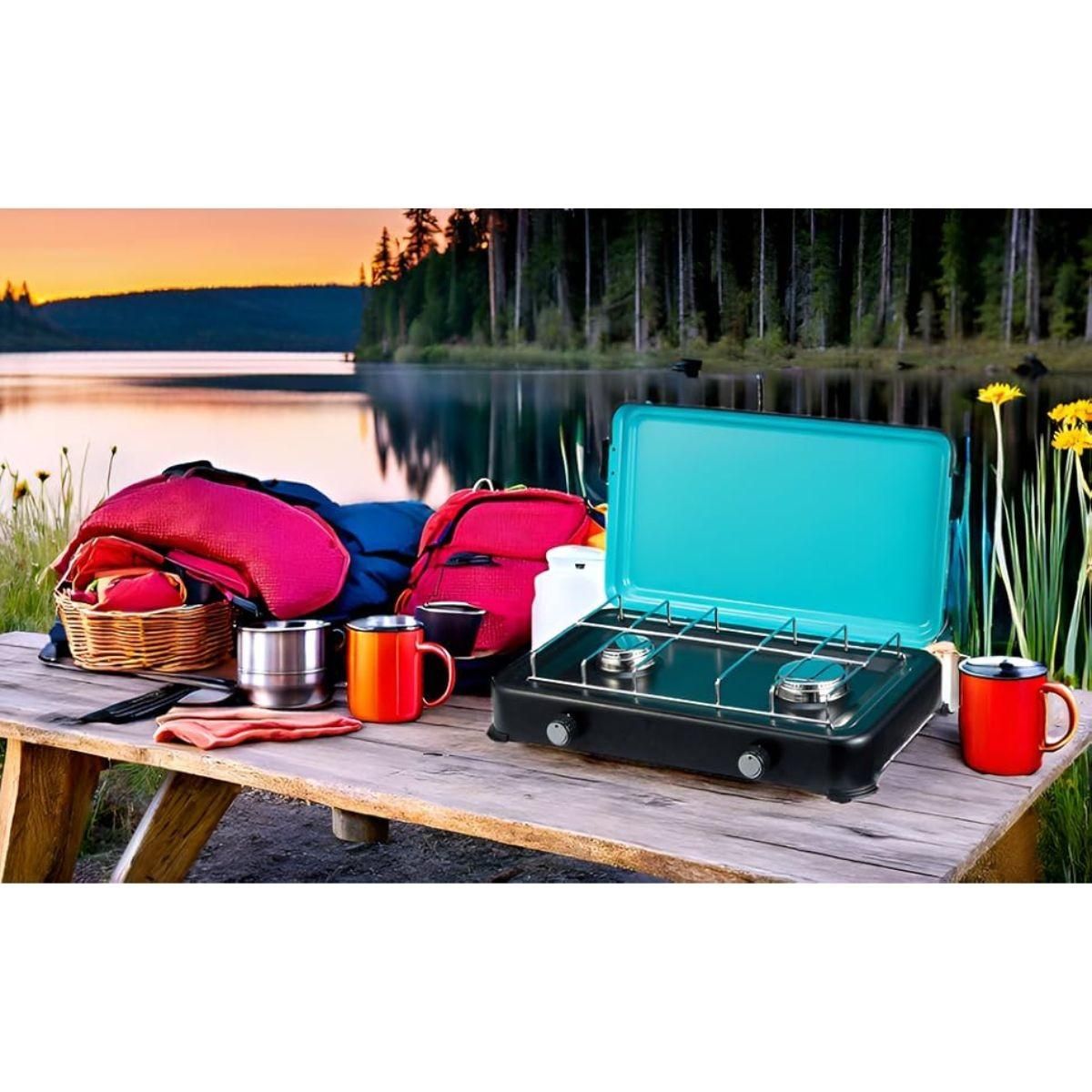 INTEC Plaque de cuisson gaz 2 feux 2350W Cuisinière à gaz portable, Plaque à gaz Butane/Propane Bruleurs inox tuyau gaz INTEC