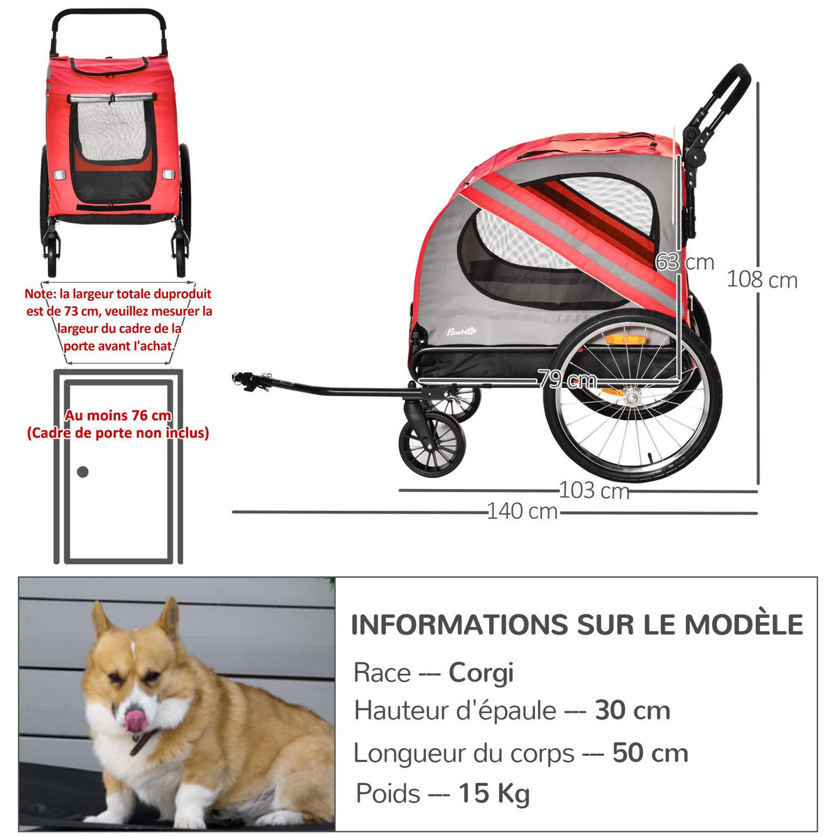 PAWHUT Remorque vélo jogger 2 en 1 pour animaux drapeau roue avant pivotante réflecteurs rouge gris