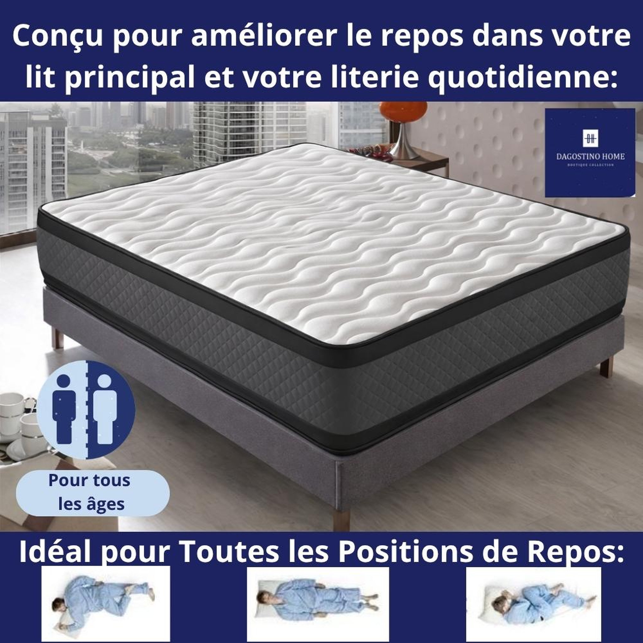 Voir la diapositive 2 : DAGOSTINO HOME Matelas 90x190 - 30cm Epaisseur - Mousse HR Très Ferme | Double Face (Été-Hiver) | Soutien Équilibré, Parfait et Tonique