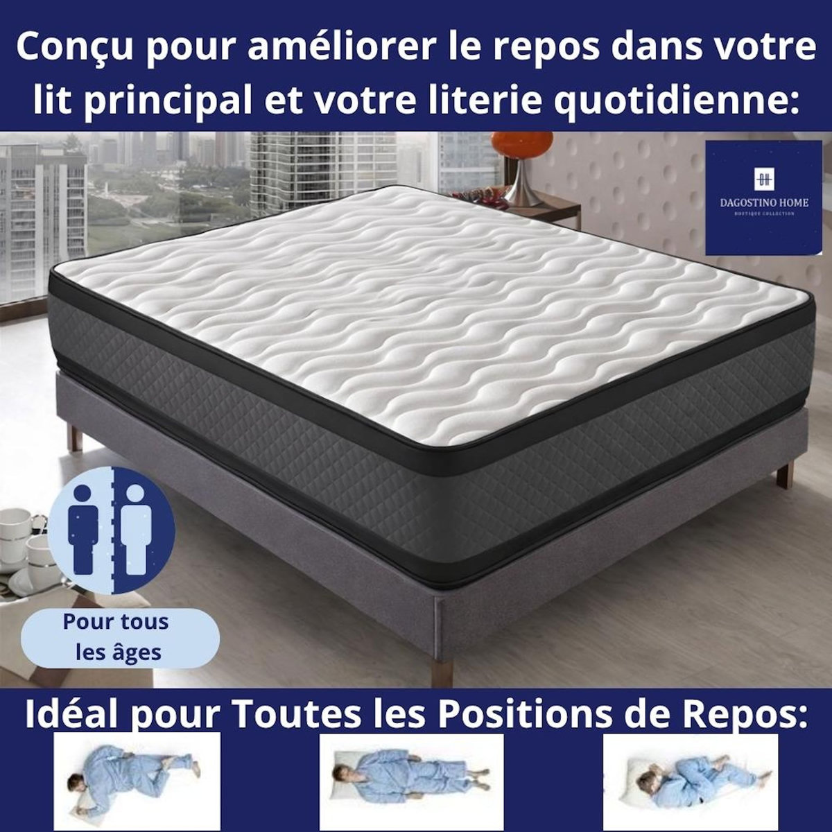 DAGOSTINO HOME Matelas 90x190 - 30cm Epaisseur - Mousse HR Très Ferme | Double Face (Été-Hiver) | Soutien Équilibré, Parfait et Tonique