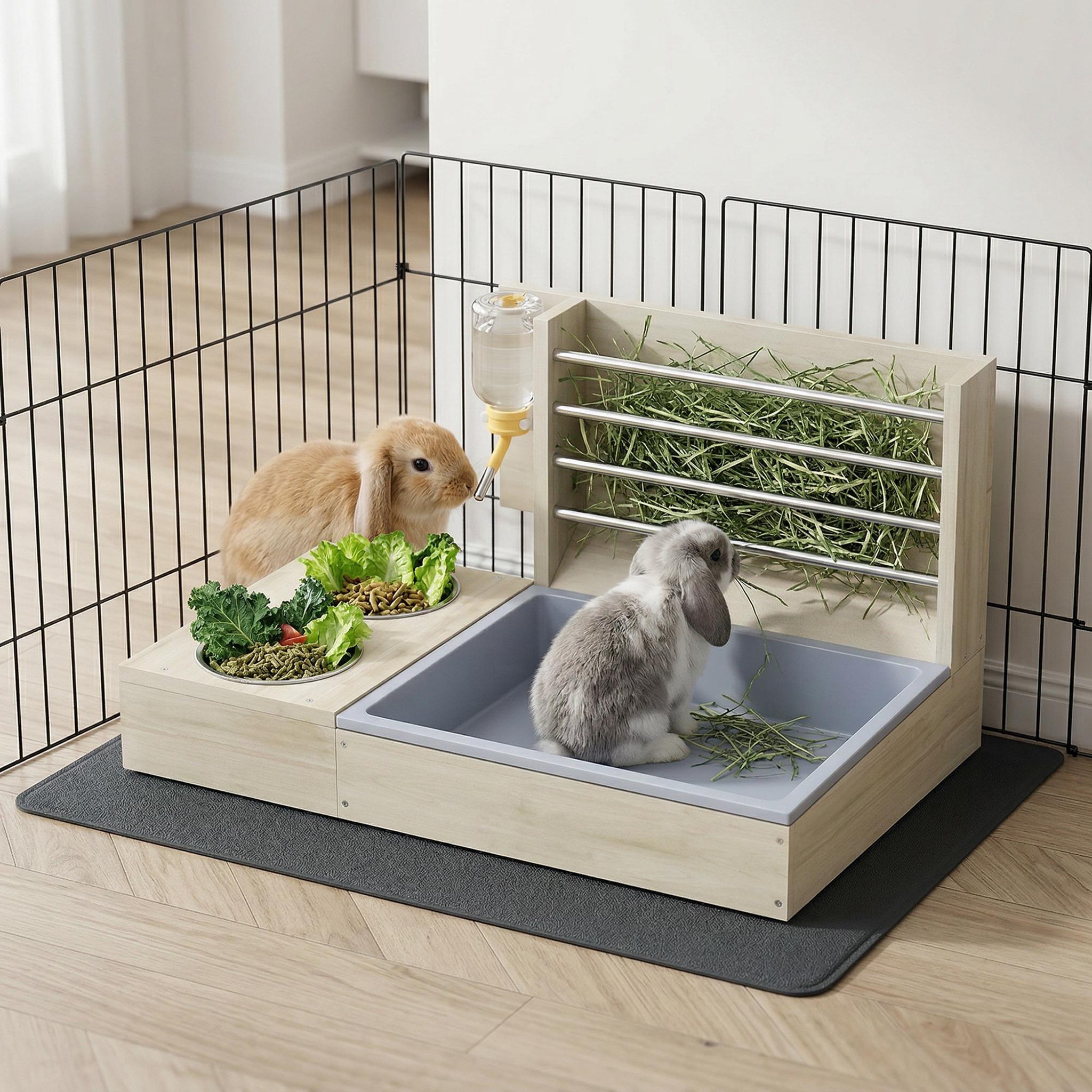 Voir la diapositive 4 : PAWHUT Station mangeoire 3 en 1 pour lapins et cochon d'Inde - râtelier à foin - bois naturel