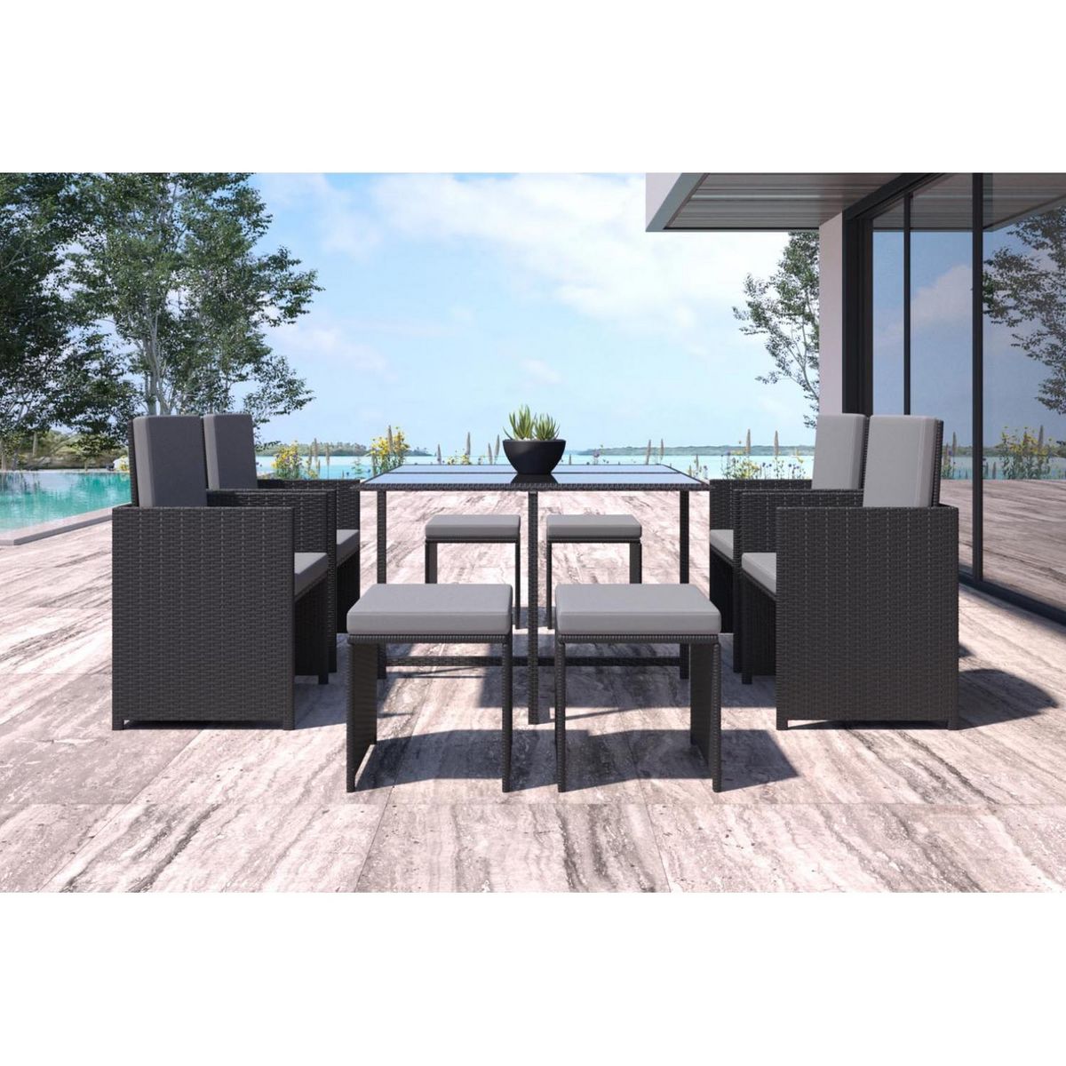 CONCEPT USINE Table et chaises 8 places en résine tressée noir et gris FLORIDA