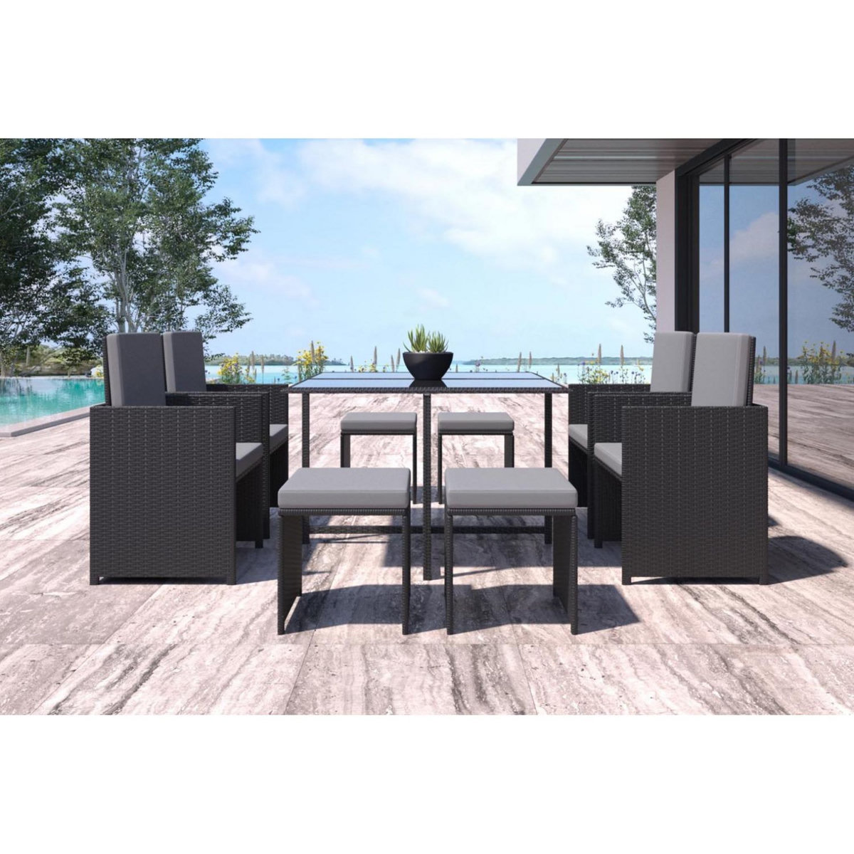 CONCEPT USINE Table et chaises 8 places en résine tressée noir et gris FLORIDA