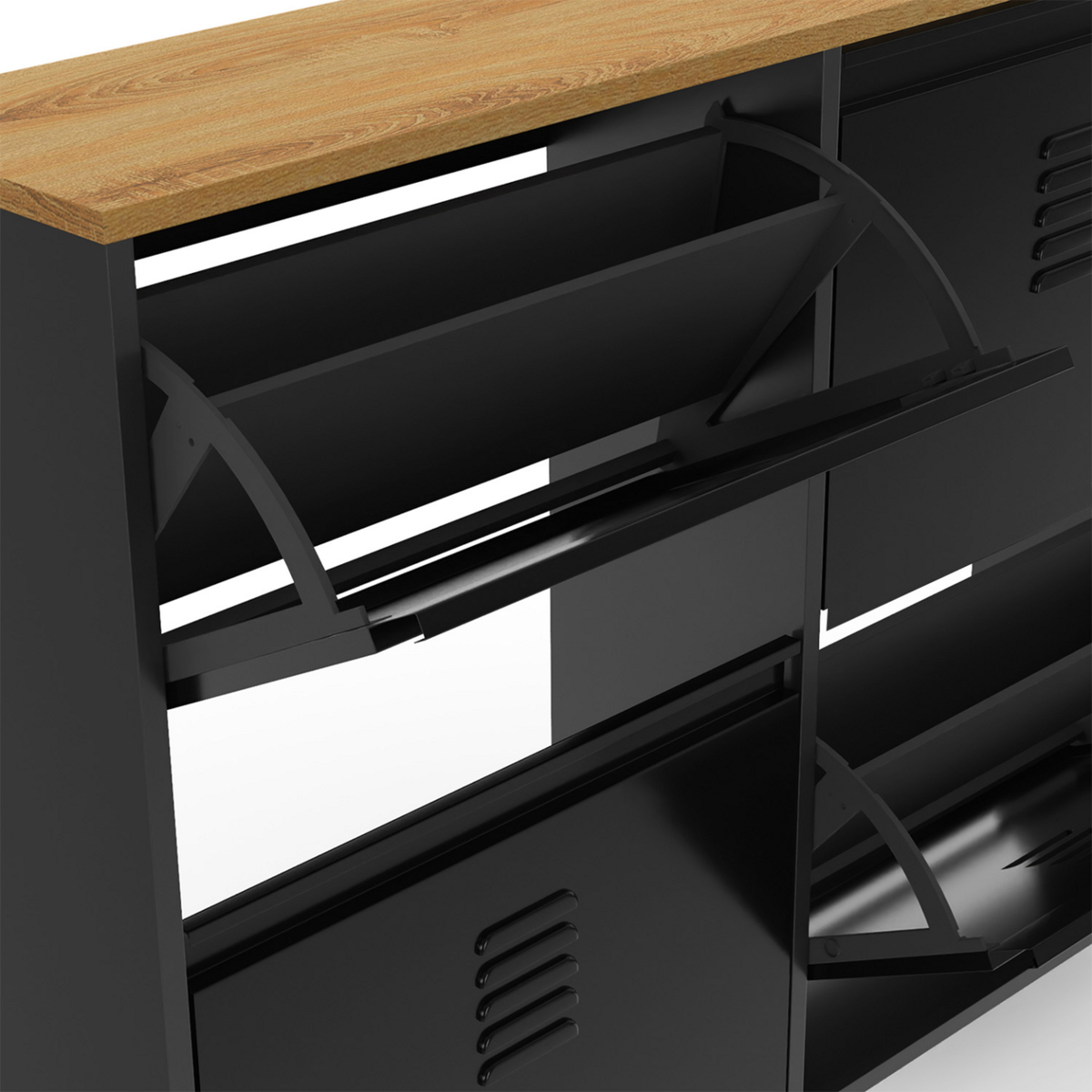 ID MARKET Meuble à chaussures 20 paires ESTER 4 portes métal noir et plateau façon hêtre design industriel