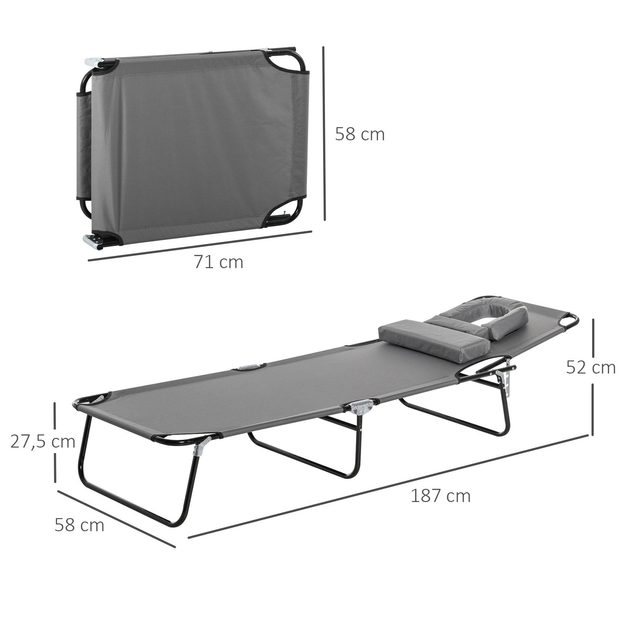 Voir la diapositive 3 : OUTSUNNY Bain de soleil pliable transat inclinable 4 positions chaise longue de lecture 3 coussins fournis gris
