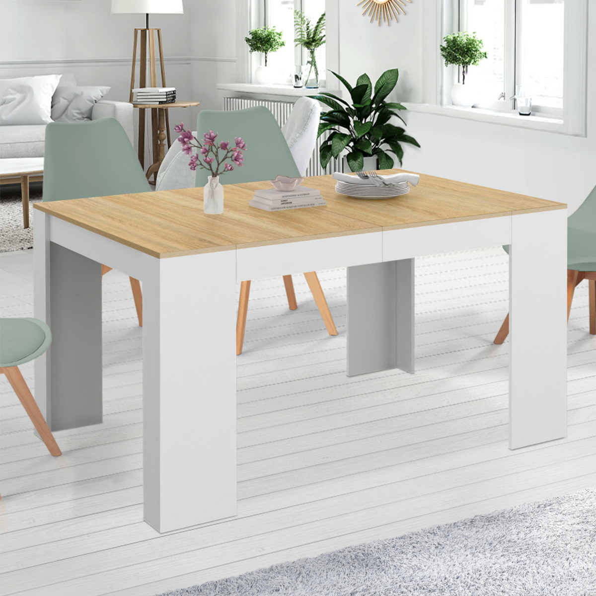 ID MARKET Table console extensible ORLANDO 6 personnes 140 cm bois blanc et façon hêtre