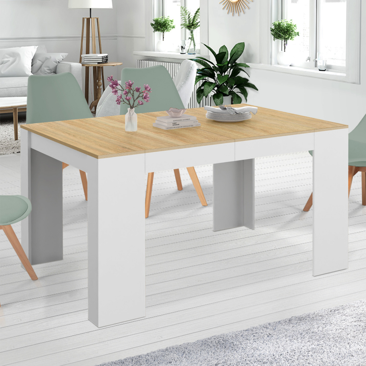 ID MARKET Table console extensible ORLANDO 6 personnes 140 cm bois blanc et façon hêtre