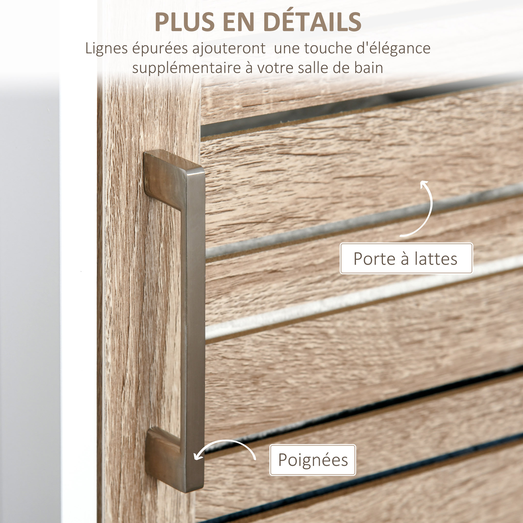Voir la diapositive 6 : KLEANKIN Meuble colonne rangement salle de bain style cosy dim. 34L x 26l x 172H cm 3 niches porte aspect bois lattes 3 étagères