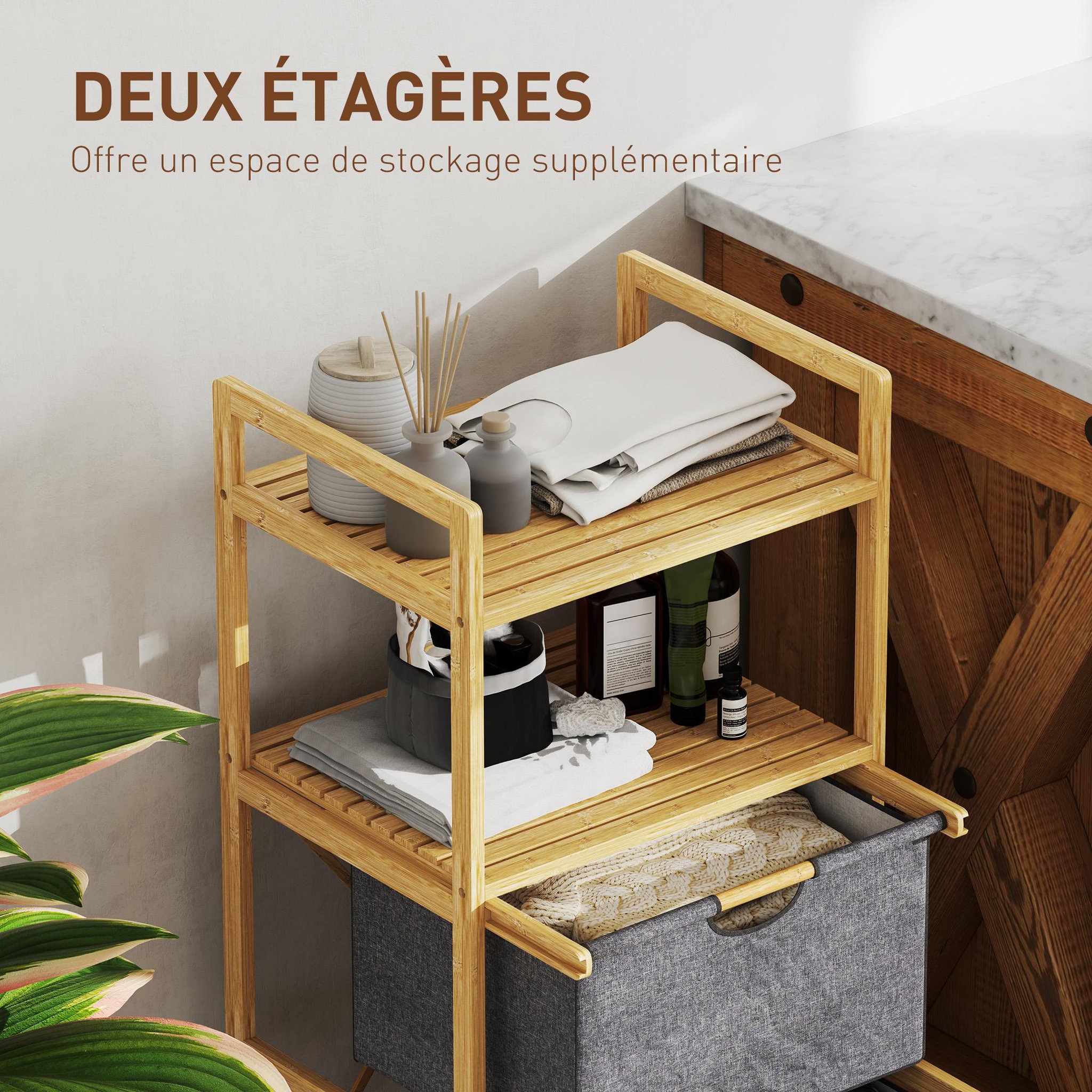 Voir la diapositive 5 : HOMCOM Panier à linge en bambou - panier à linge 2 bacs 2 étagères - panier à linge double - tissu gris