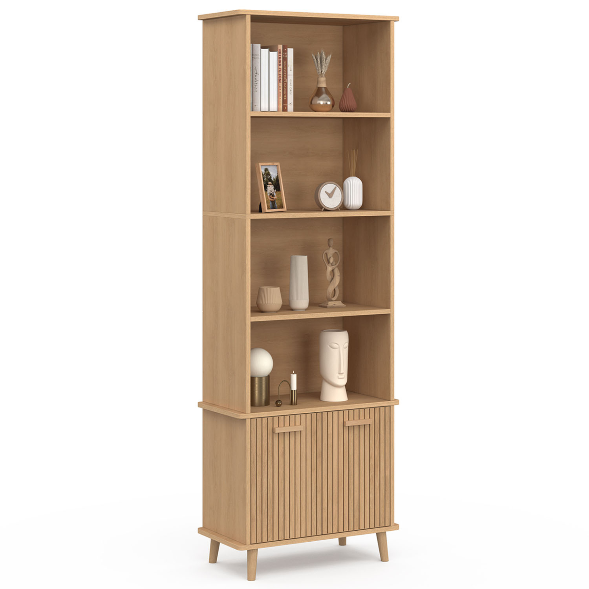 ID MARKET Etagère bibliothèque 4 niveaux avec placard juliette lattes tasseau bois coloris chêne