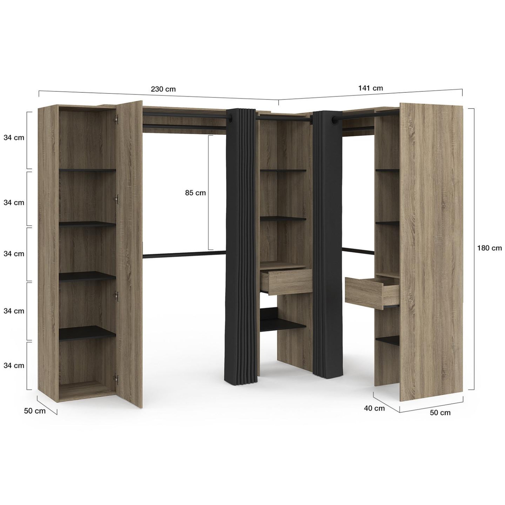Voir la diapositive 4 : ID MARKET Dressing extensible d'angle marlon 230 x 140 x 180 cm cm hêtre avec penderies + étagères + miroir + rideaux noirs