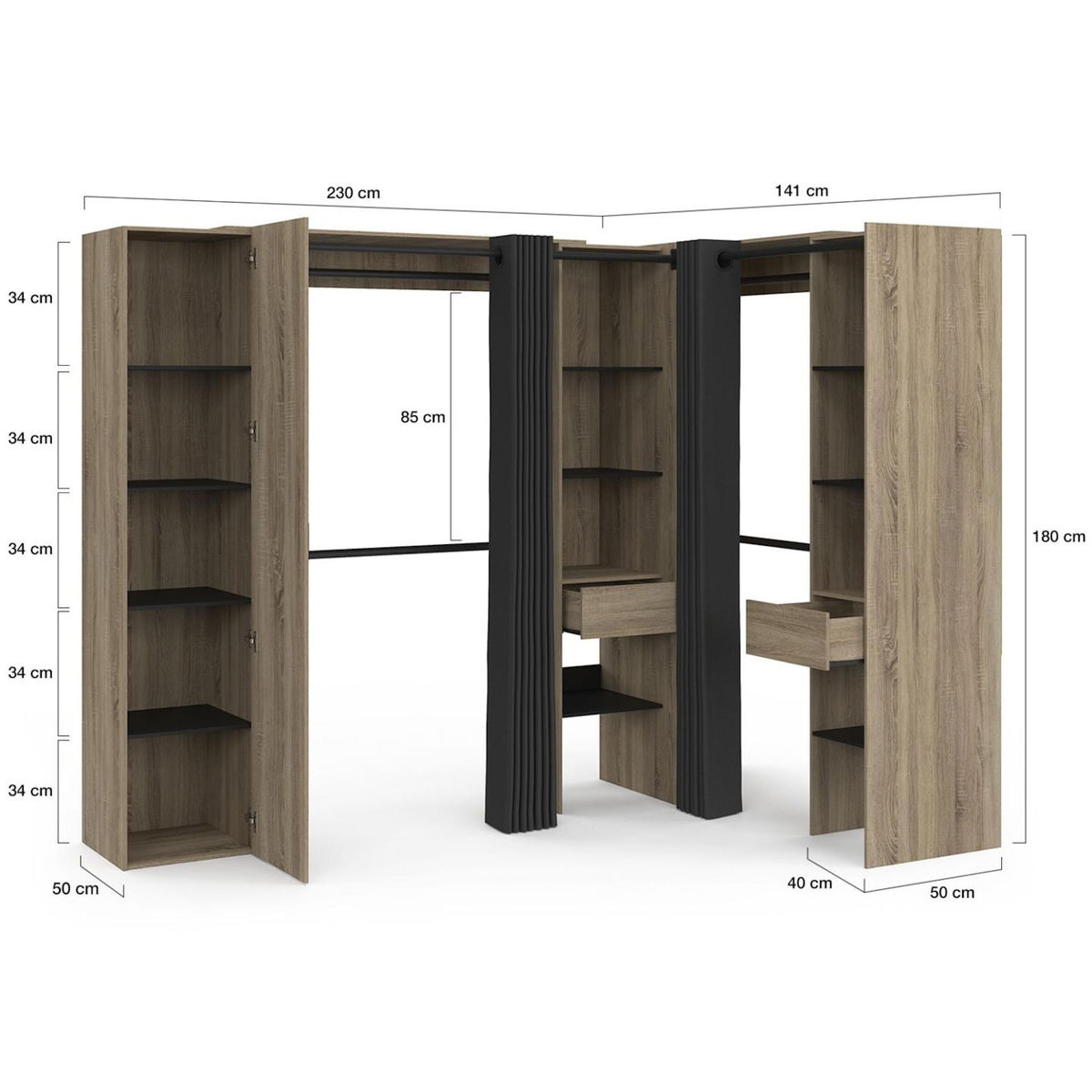 ID MARKET Dressing extensible d'angle MARLON 230 x 140 x 180 cm cm hêtre avec penderies + étagères + miroir + rideaux noirs