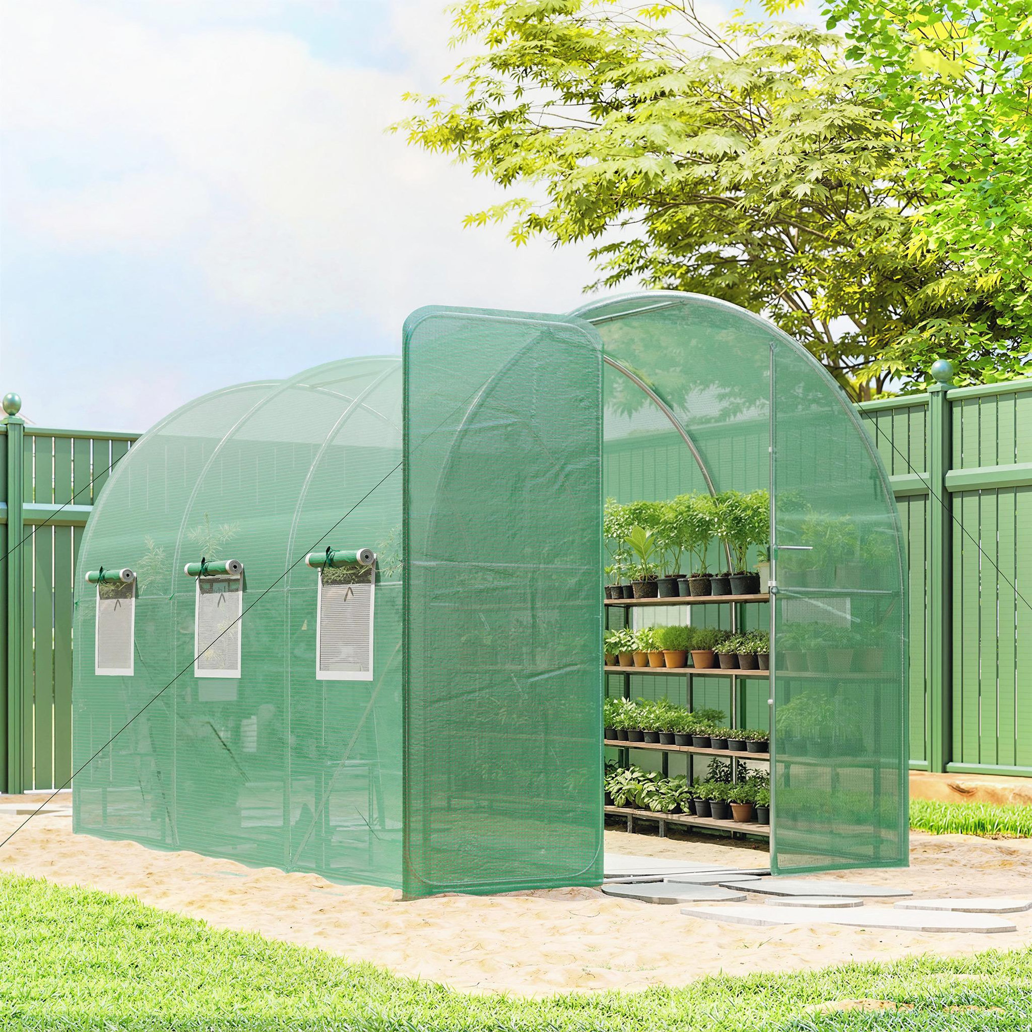 Voir la diapositive 2 : OUTSUNNY Serre tunnel de jardin 6m² porte et 8 fenêtres bâche PE 140 g/m² vert