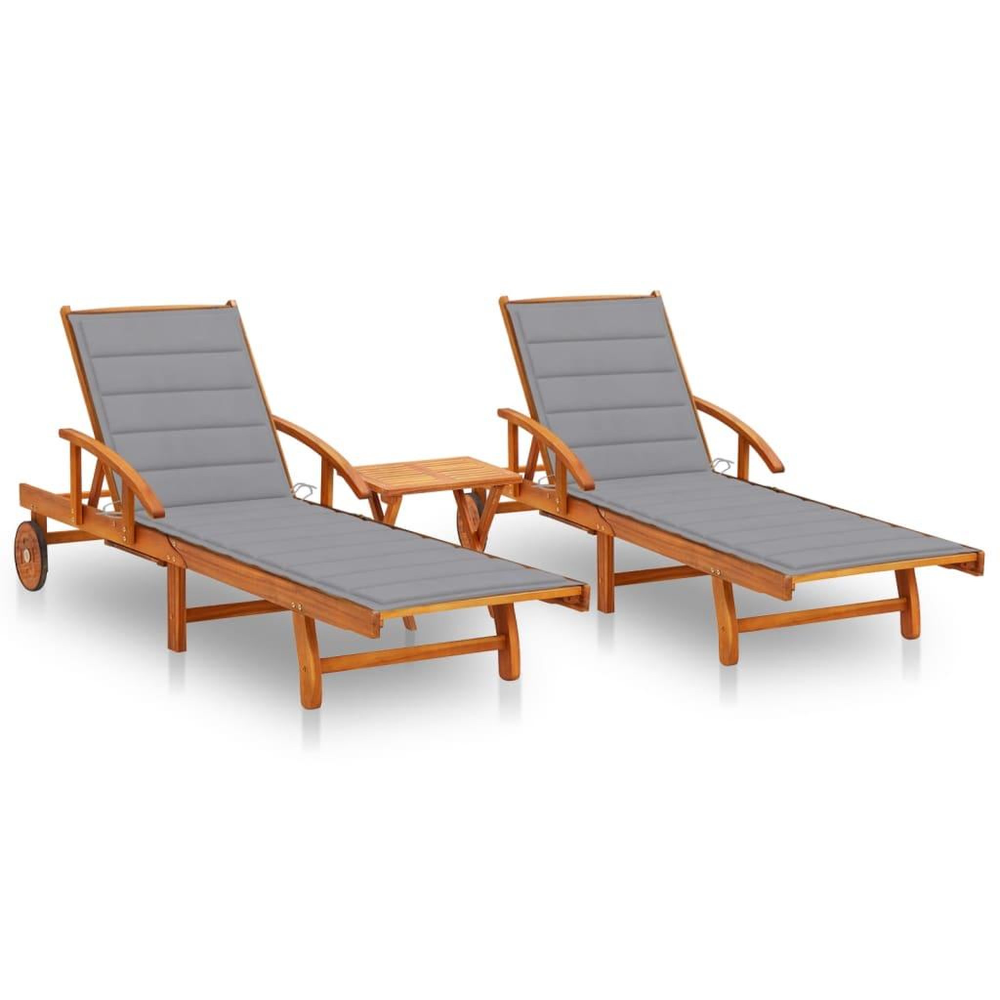 VIDAXL Chaises longues lot de 2 avec table et coussins Acacia solide
