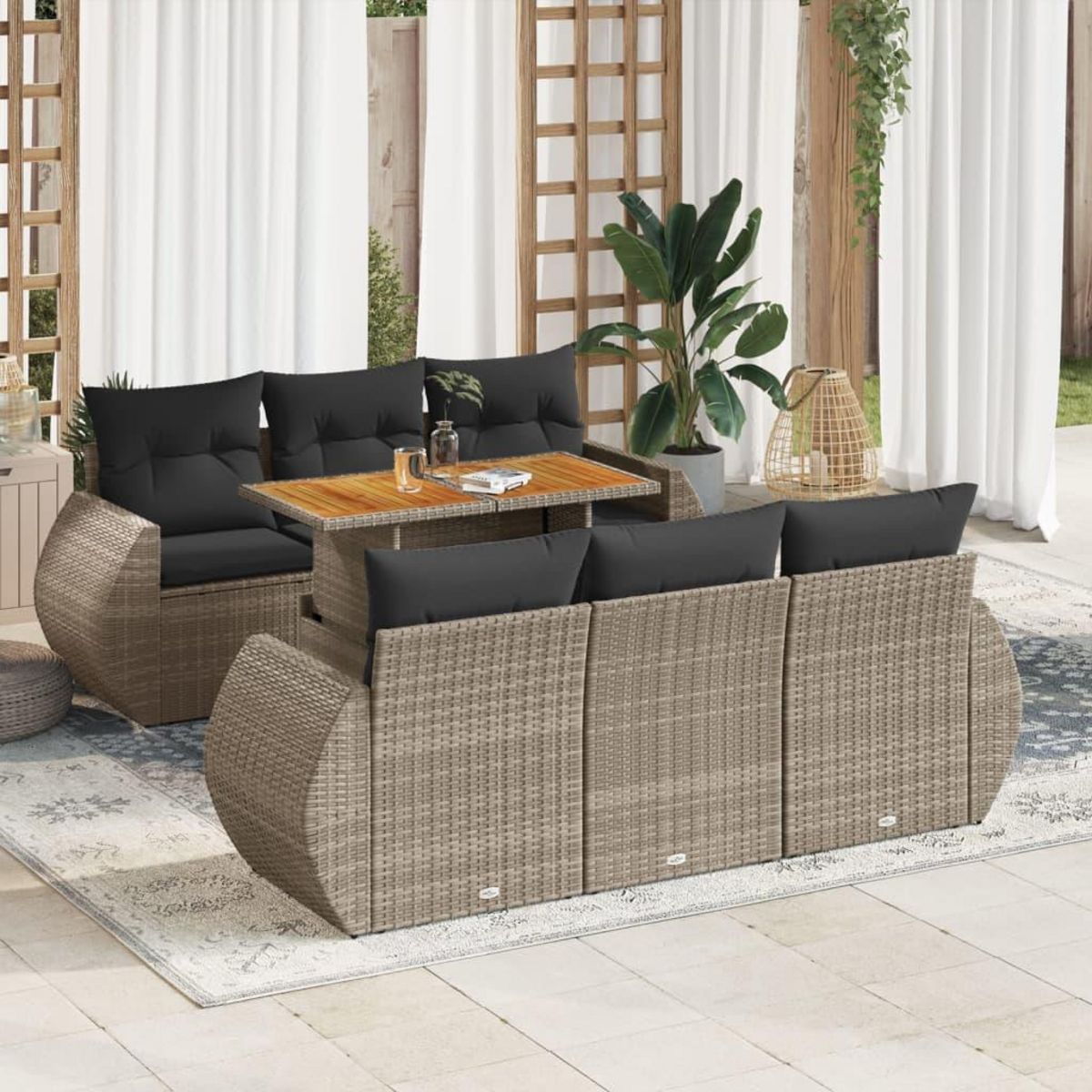 VIDAXL Salon de jardin avec coussins 7 pcs gris resine tressee