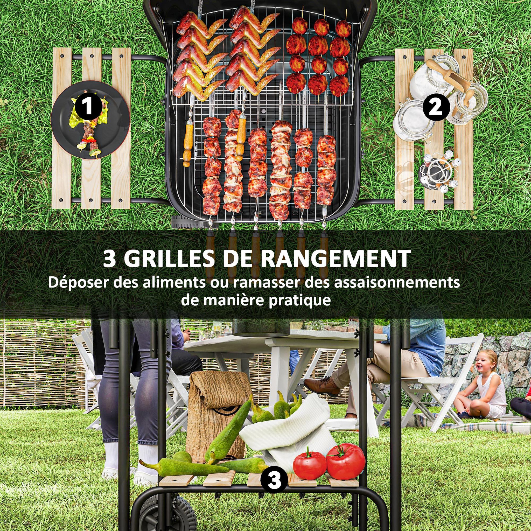Voir la diapositive 4 : OUTSUNNY Barbecue charbon de bois avec couvercle 2 roues 3 étagères grilles acier chromée