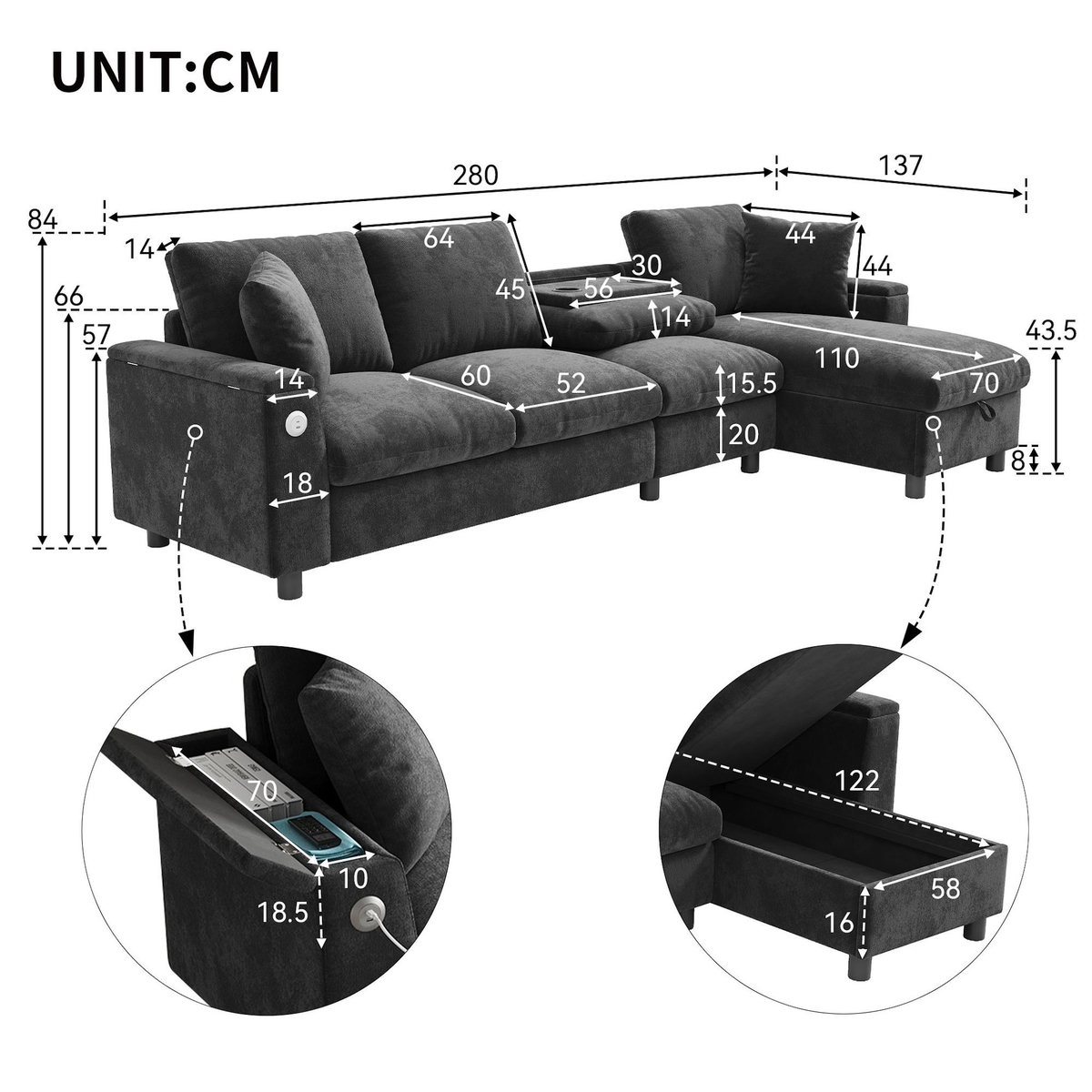 MERAX Canapé d'angle réversible fixe 4 places tissu coffre de rangement