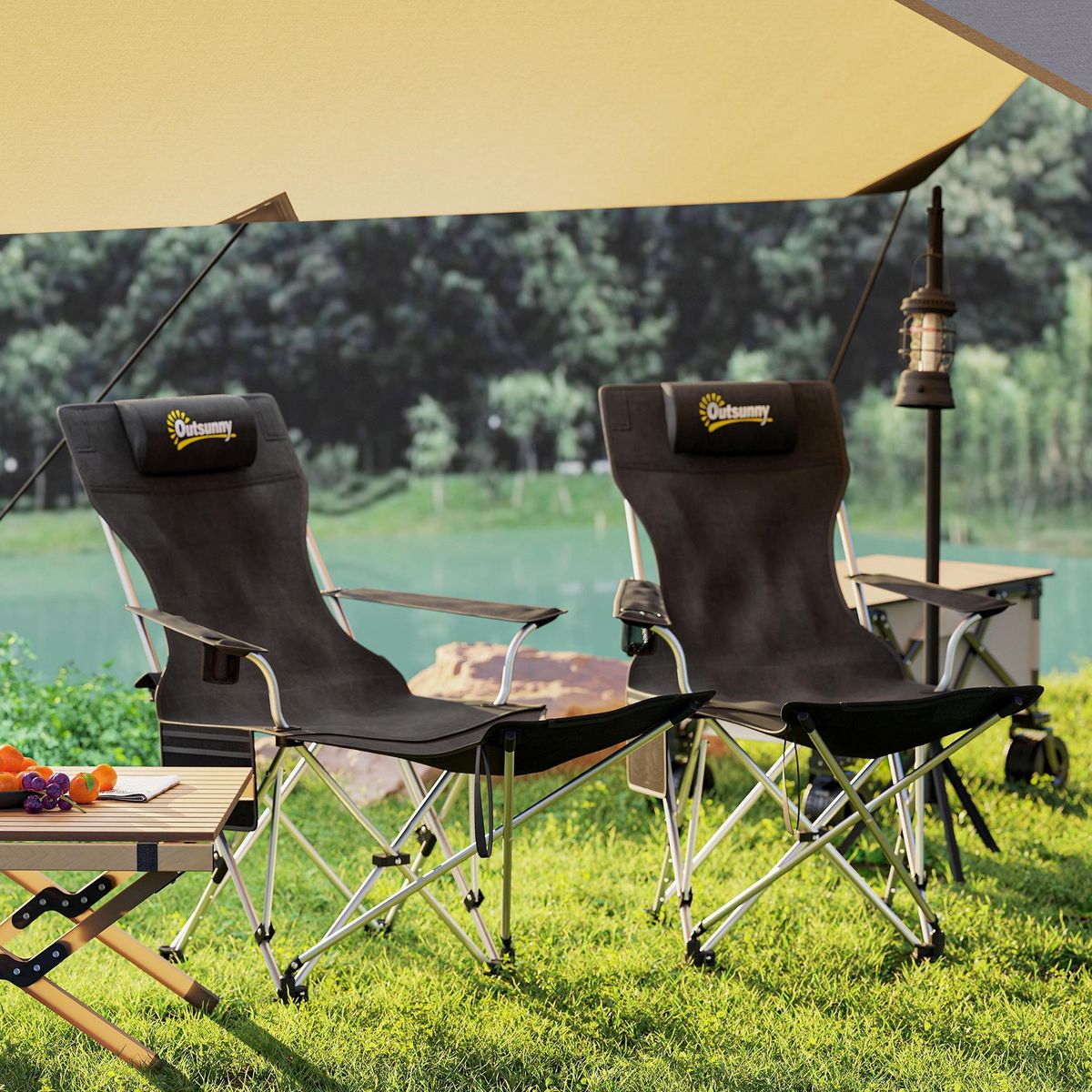 OUTSUNNY Lot de 2 chaises de camping pliantes - repose-pied amovible, rangements - sac transport - noir
