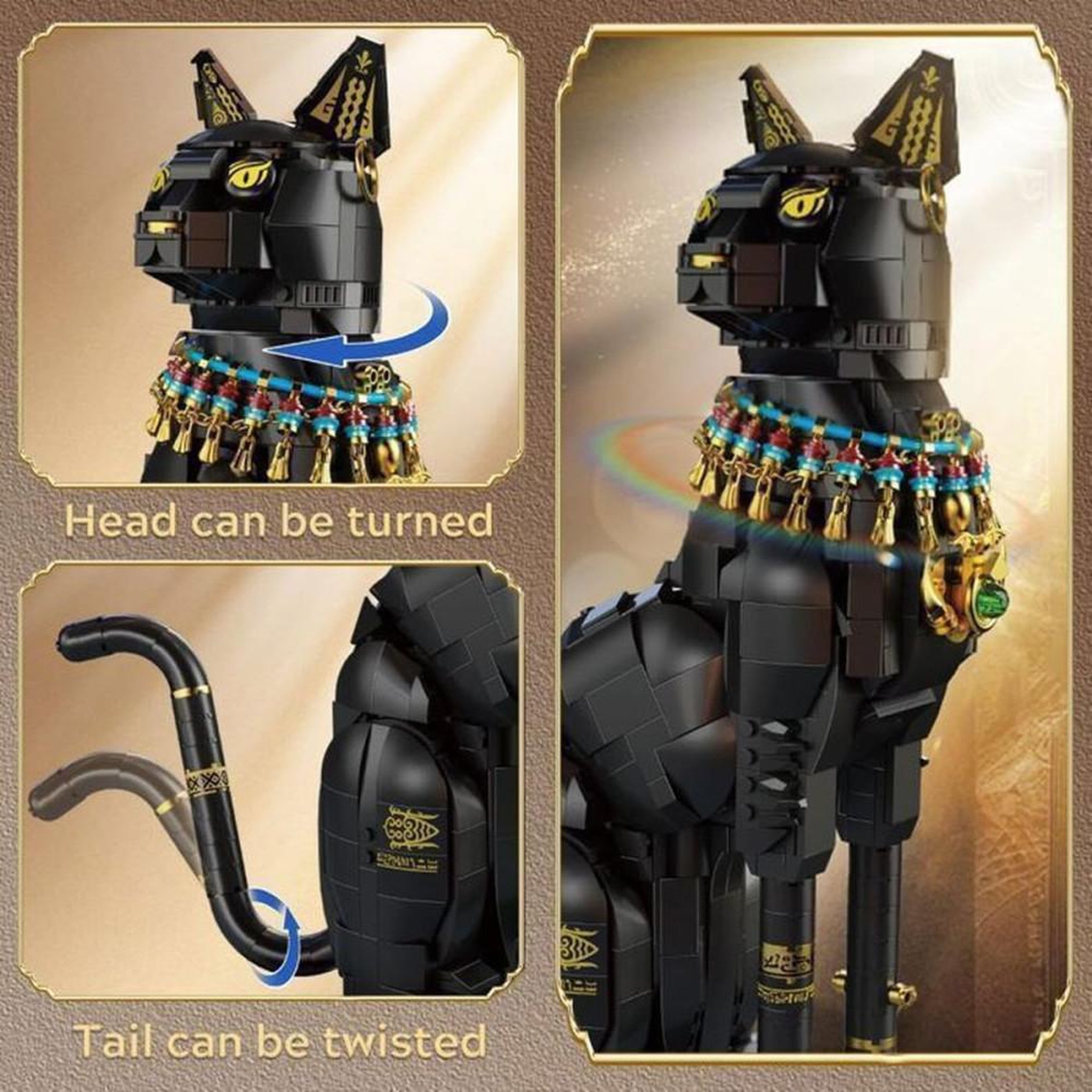 Voir la diapositive 5 : Kit de construction CUBIMANA chat pharaon égyptien, 1274 pièces ABS noir, tête et queue articulées, modèle à assembler, décoration intérieure 33,7 cm