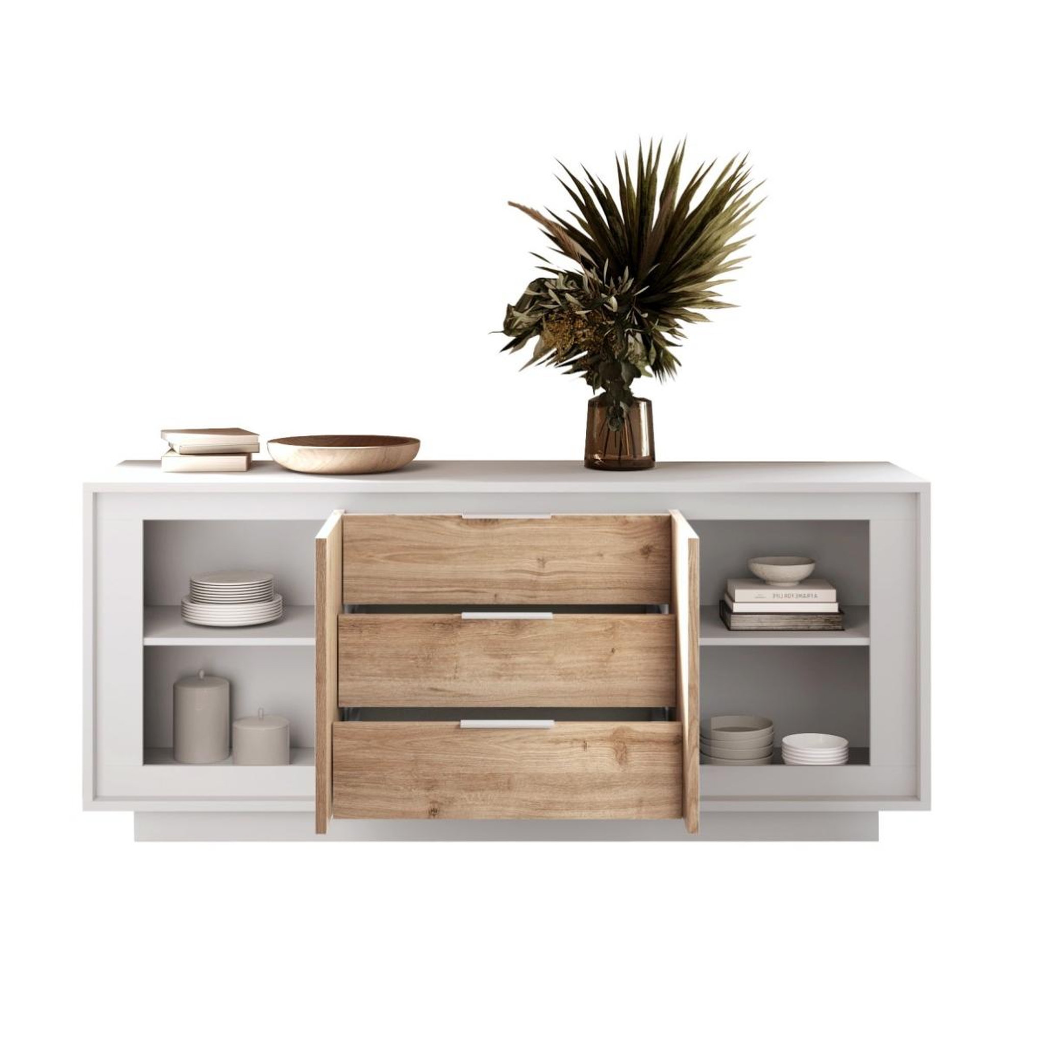 Voir la diapositive 3 : JLC KREATION Buffet bas blanc et bois 2 portes-3 tiroirs 180cm yori