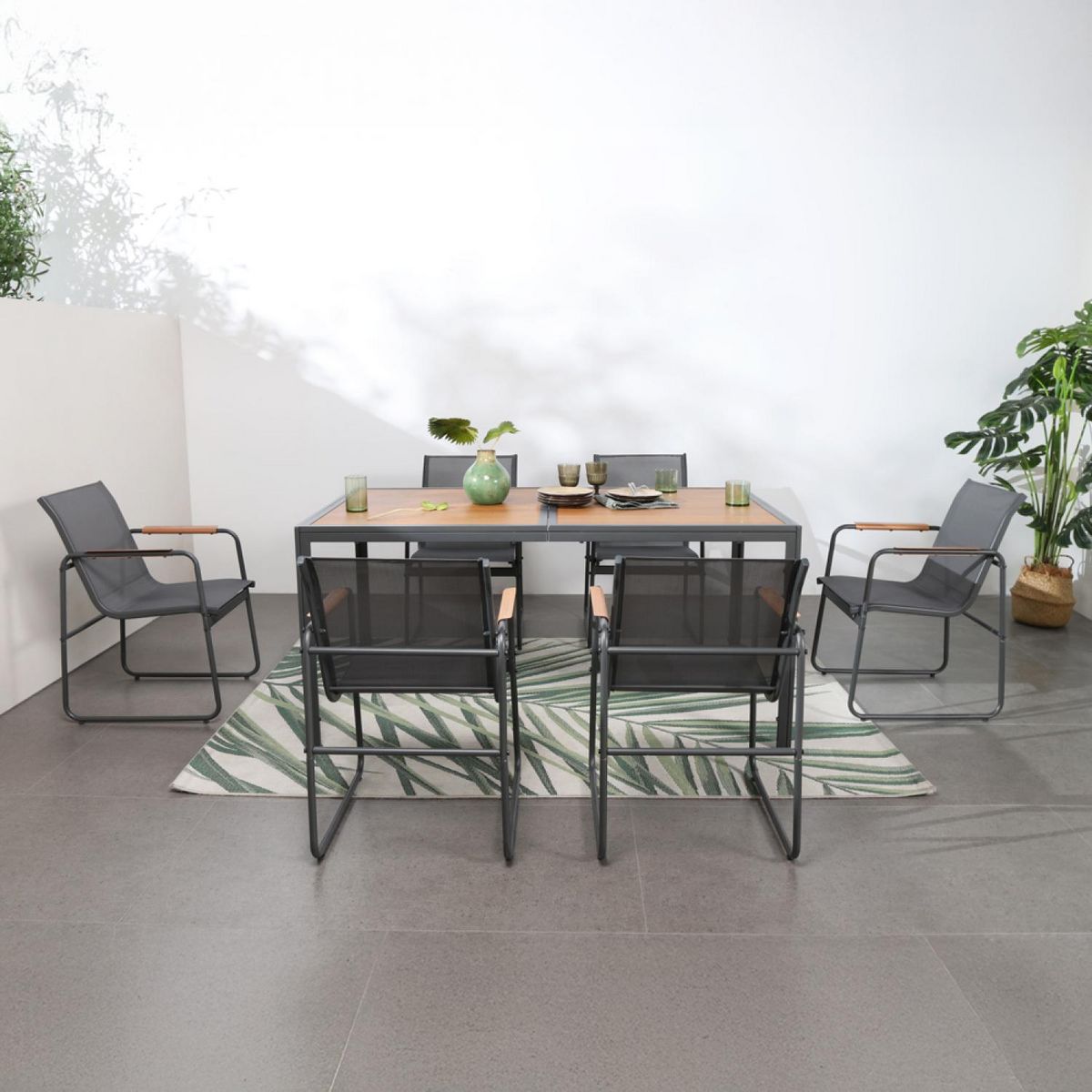 CONCEPT USINE Salon de jardin 6 places anthracite et bois FOGGIA