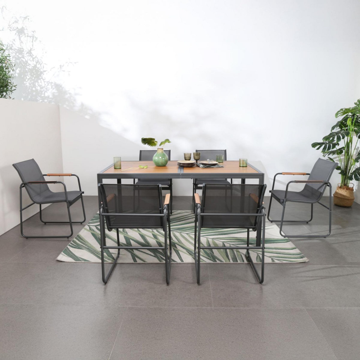 CONCEPT USINE Salon de jardin 6 places anthracite et bois FOGGIA