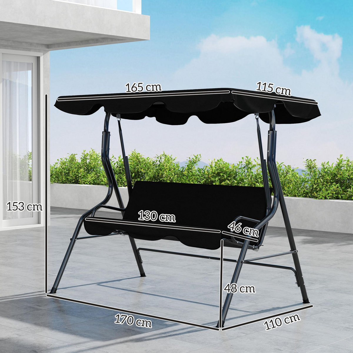 OUTSUNNY Balancelle de jardin 3 places coussins assise dossier noir