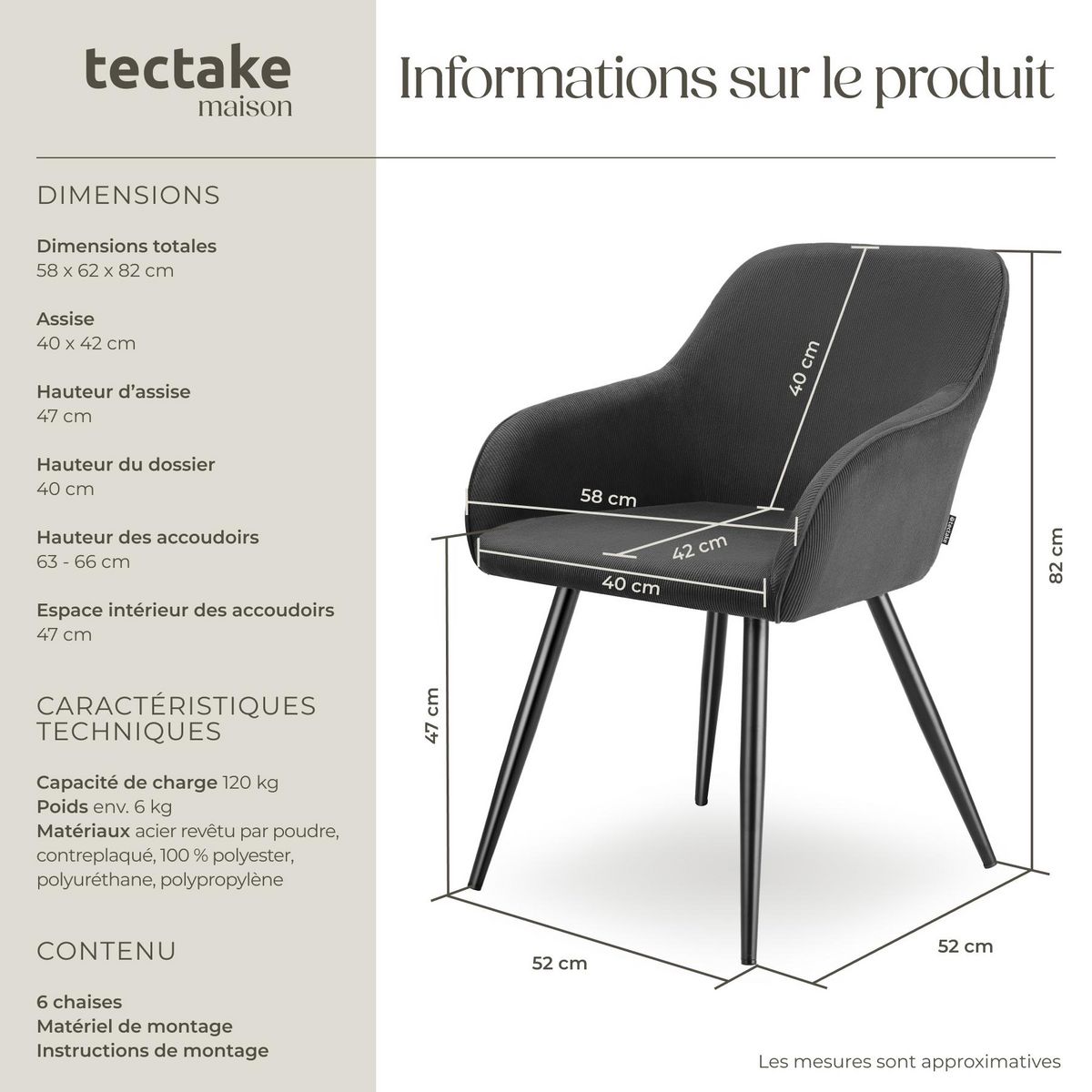 tectake Chaise de salle à manger rembourrée en velours côtelé anthracite-noir Lot de 6