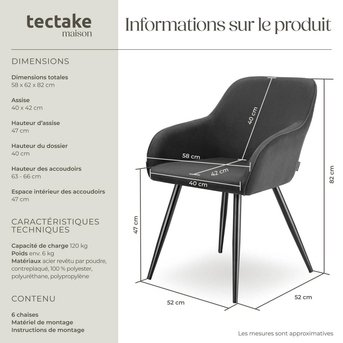 tectake Chaise de salle à manger rembourrée en velours côtelé anthracite-noir Lot de 6
