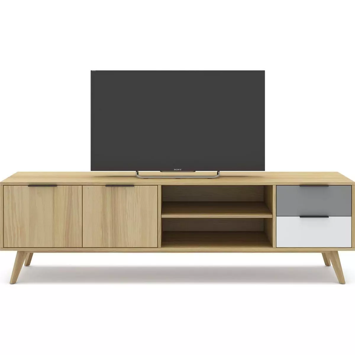 HOMIFAB Meuble TV 2 portes 2 tiroirs en pin massif blanc / gris / effet chêne 180 cm - Eddy