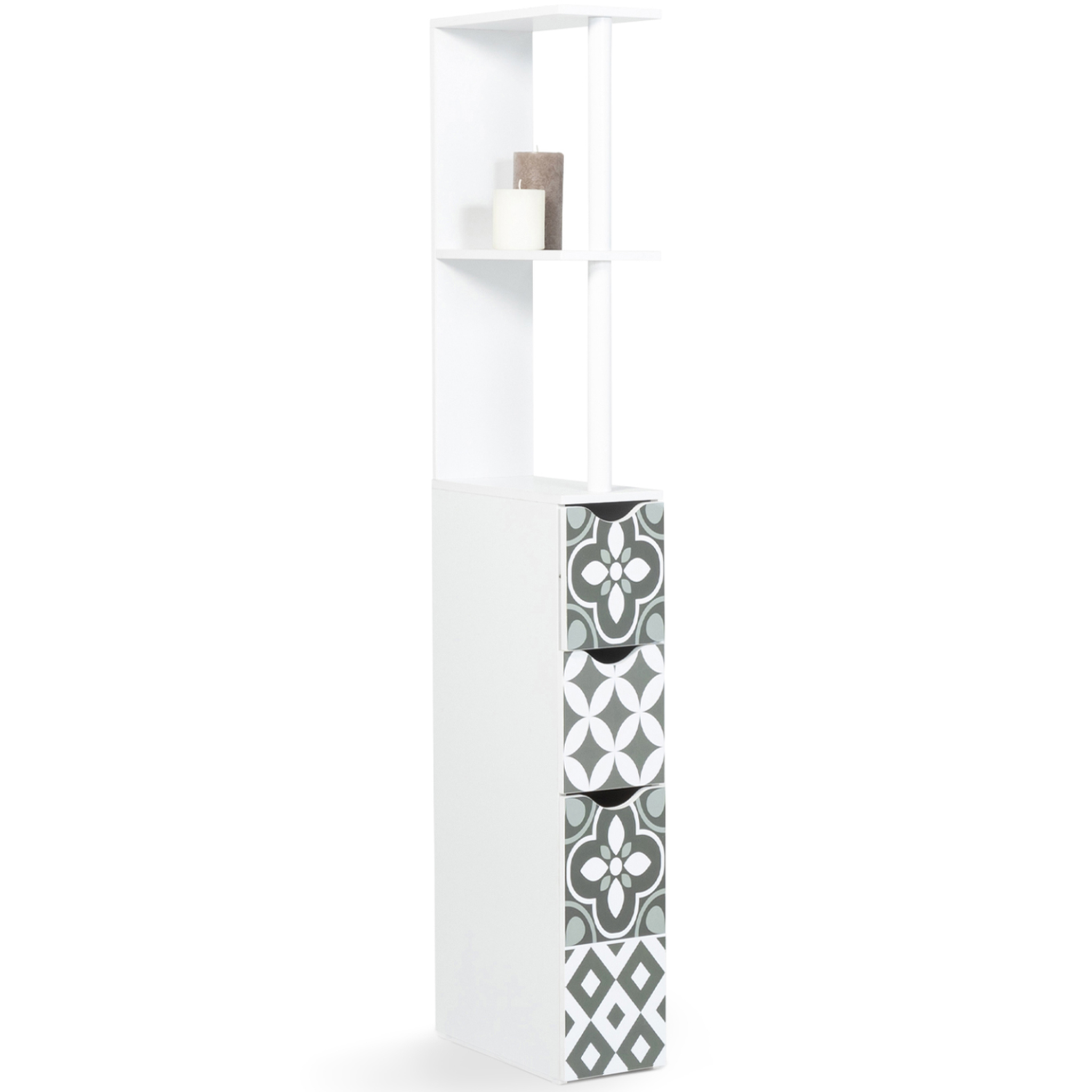 ID MARKET Meuble wc étagère bois willy 3 portes blanc et motif carreaux de ciment gris