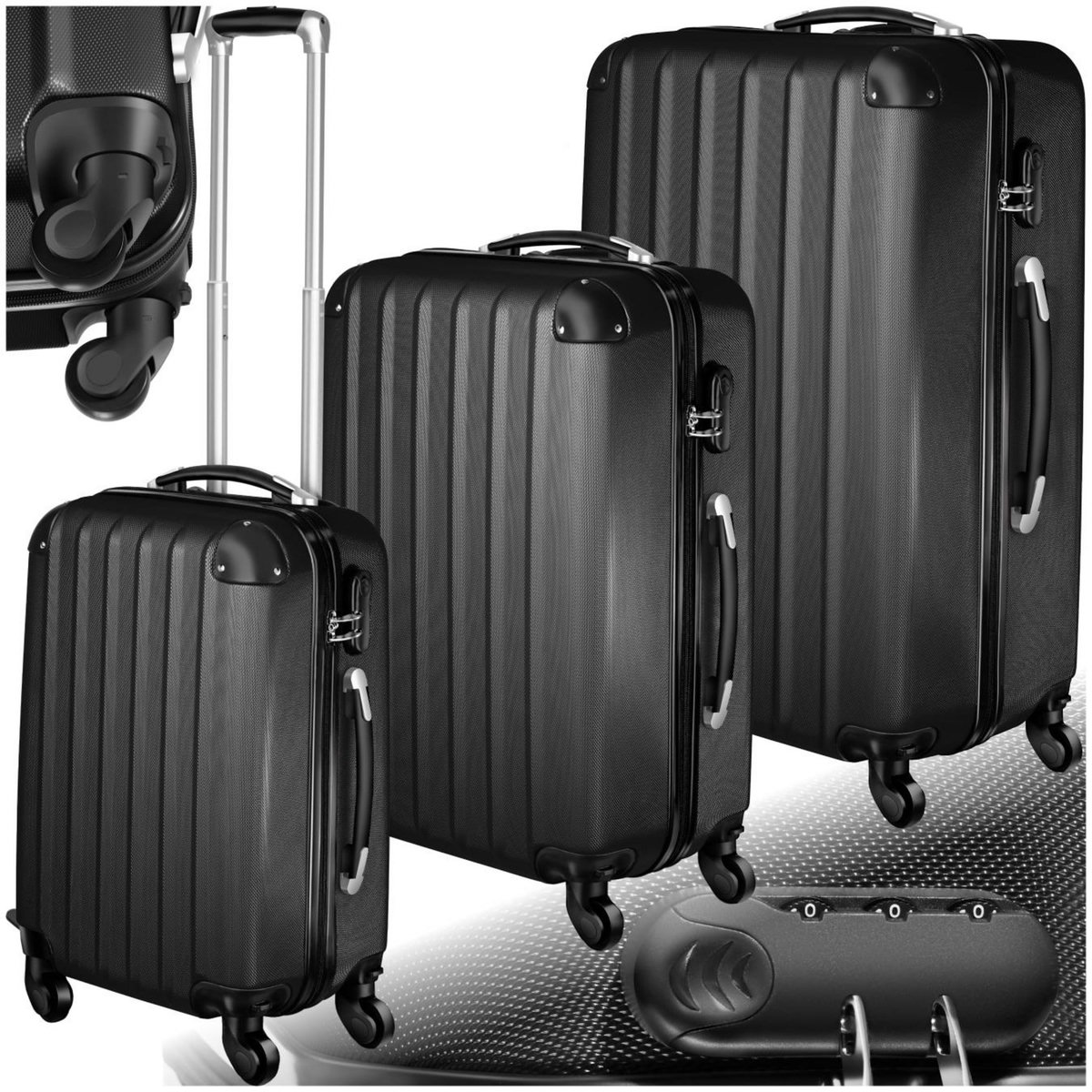 tectake Set de valises trolley rigides 3 parties, en plastique ABS robuste noir